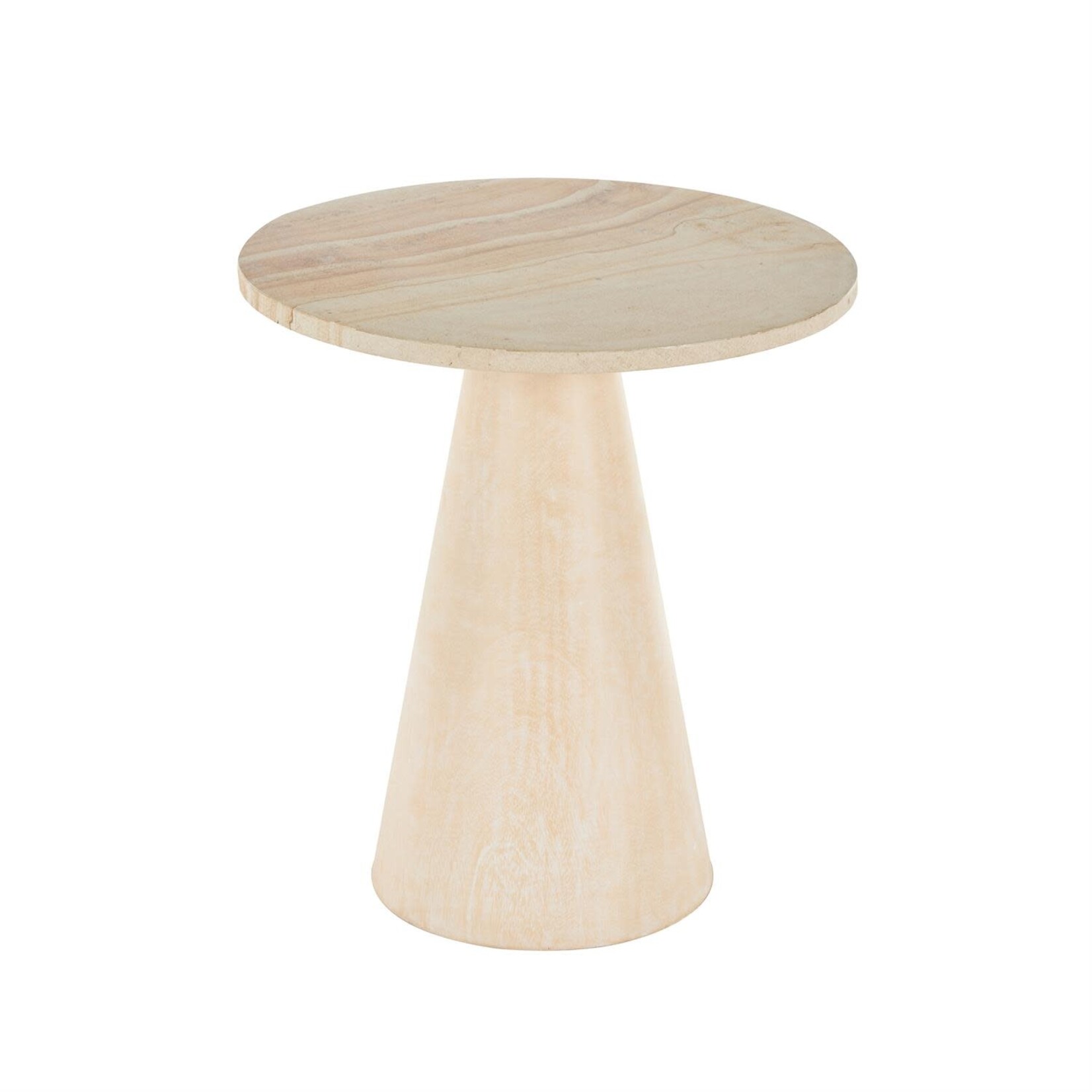 Deco Marche Cream Teak Wood Cone Accent Table with Beige Marble Tabletop
