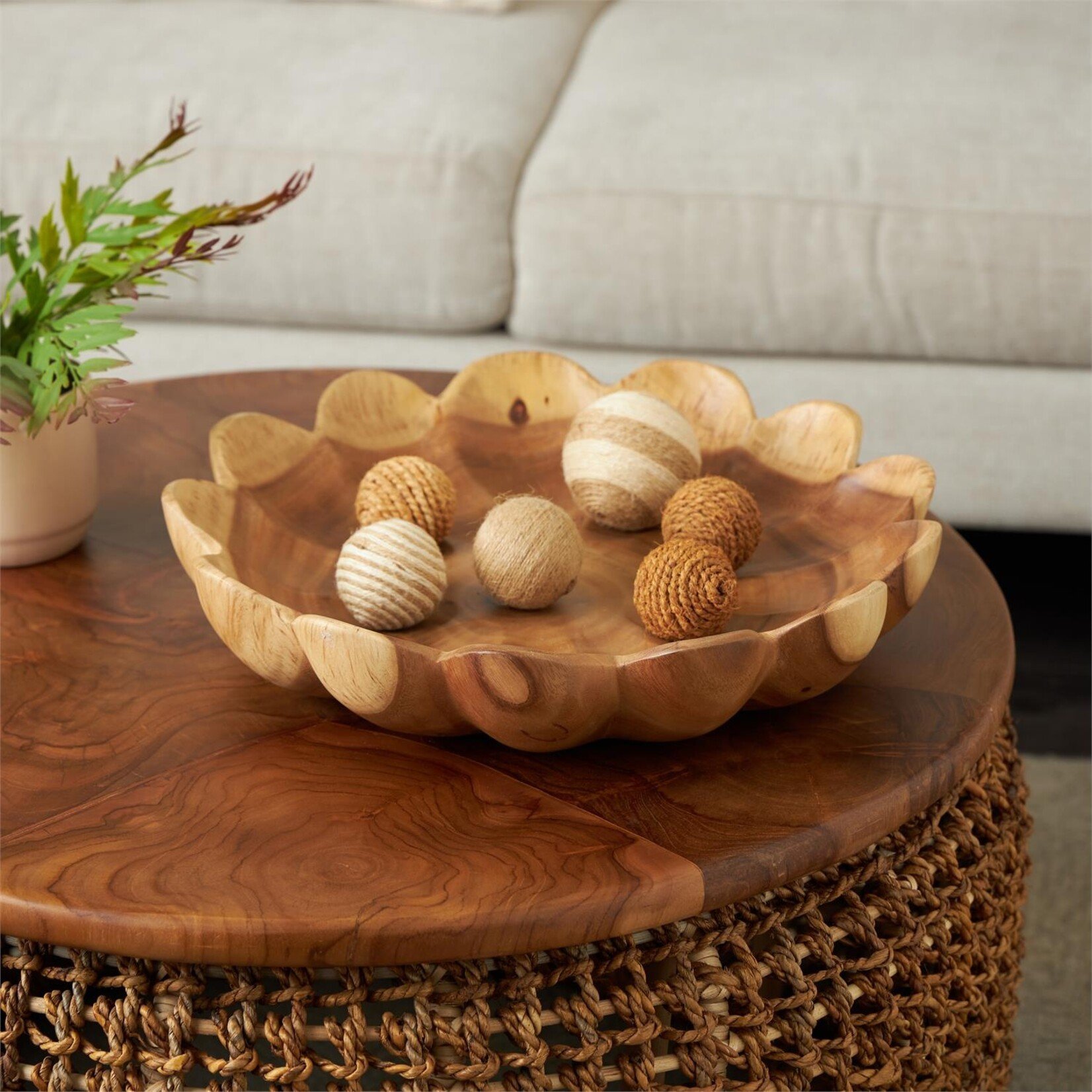 Deco Marche Brown Teak Wood Floral Bowl