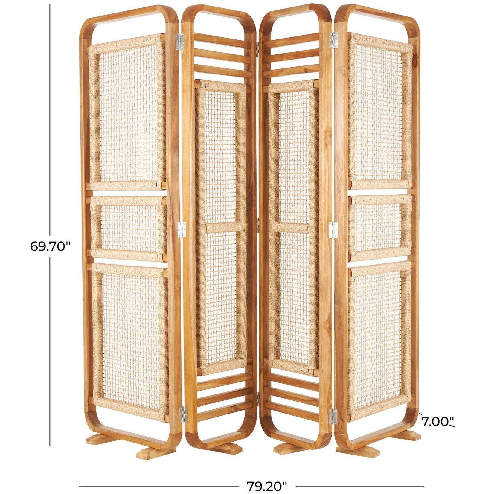 Deco Marche Brown Teak Wood Foldable 4 Panel Room Divider Screen with Woven Rattan Panels