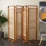 Deco Marche Brown Teak Wood Foldable 4 Panel Room Divider Screen with Woven Rattan Panels