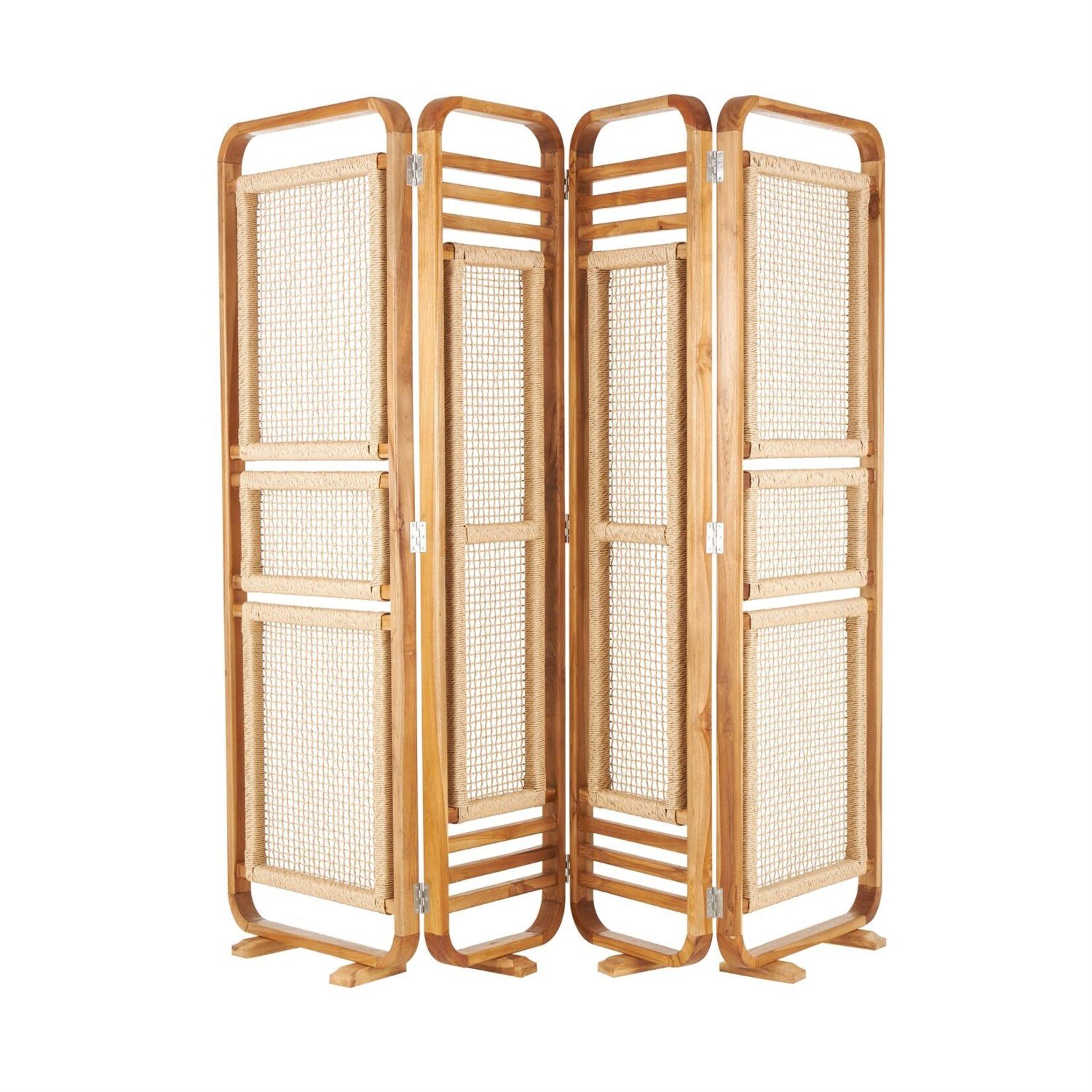 Deco Marche Brown Teak Wood Foldable 4 Panel Room Divider Screen with Woven Rattan Panels