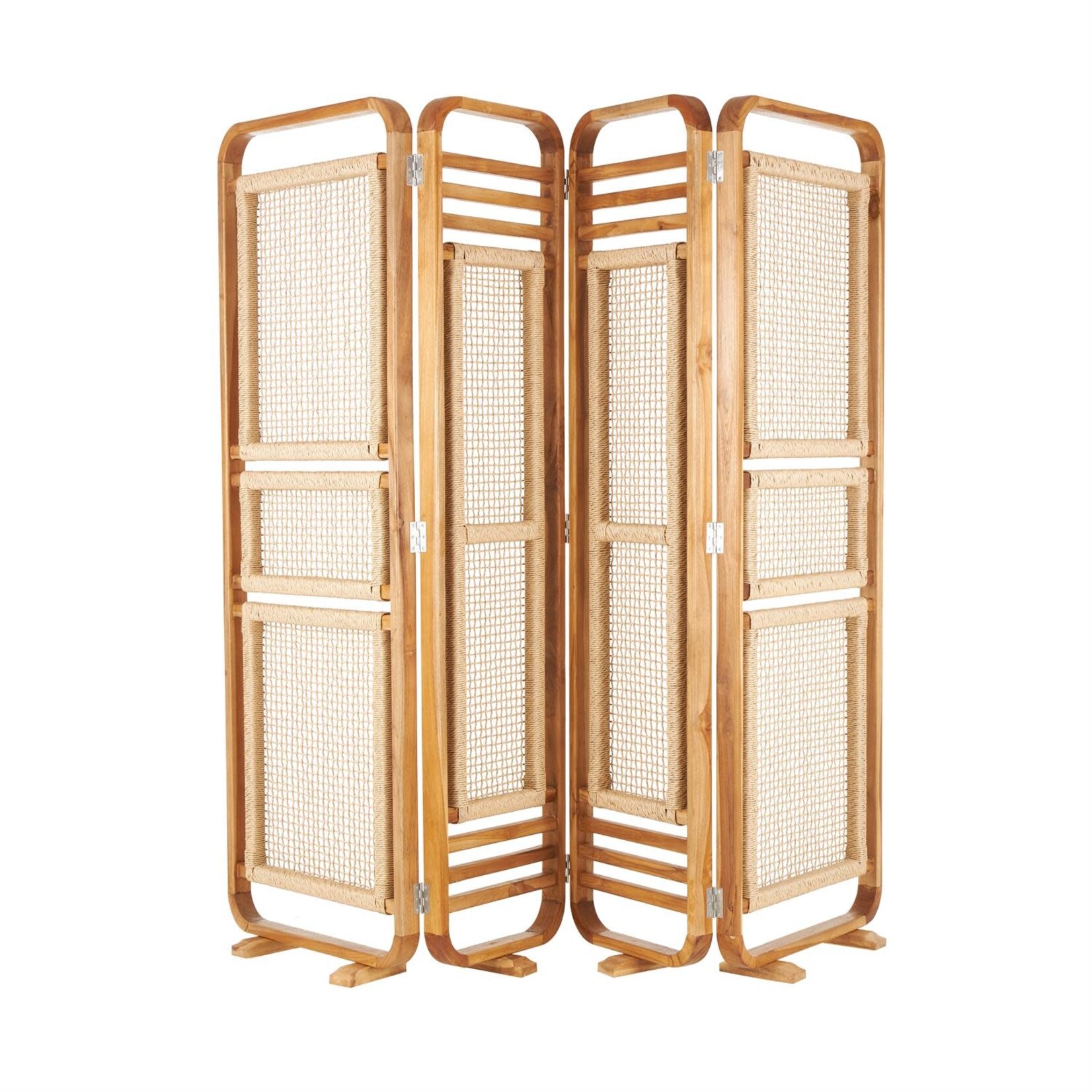 Deco Marche Brown Teak Wood Foldable 4 Panel Room Divider Screen with Woven Rattan Panels