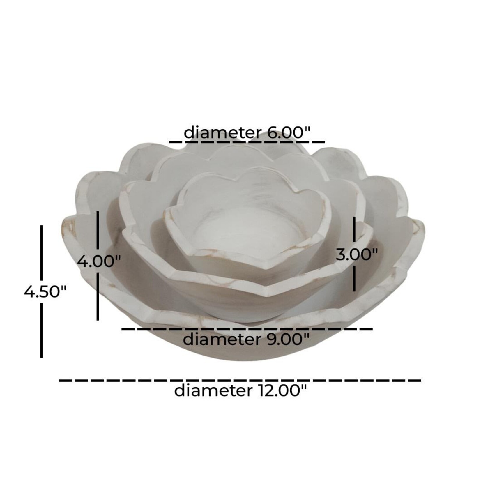 Deco Marche White Mango Wood Floral Decorative Bowl Set of 3