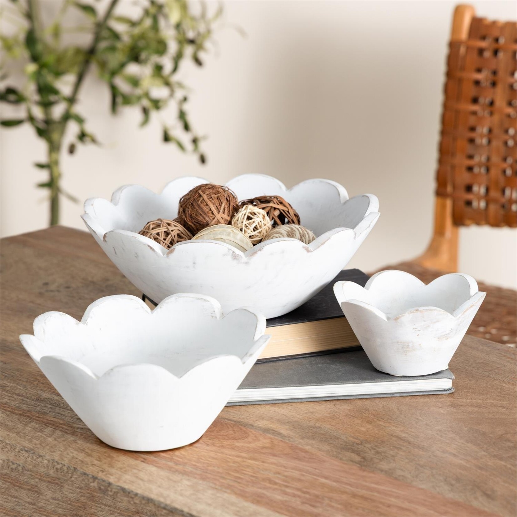 Deco Marche White Mango Wood Floral Decorative Bowl Set of 3