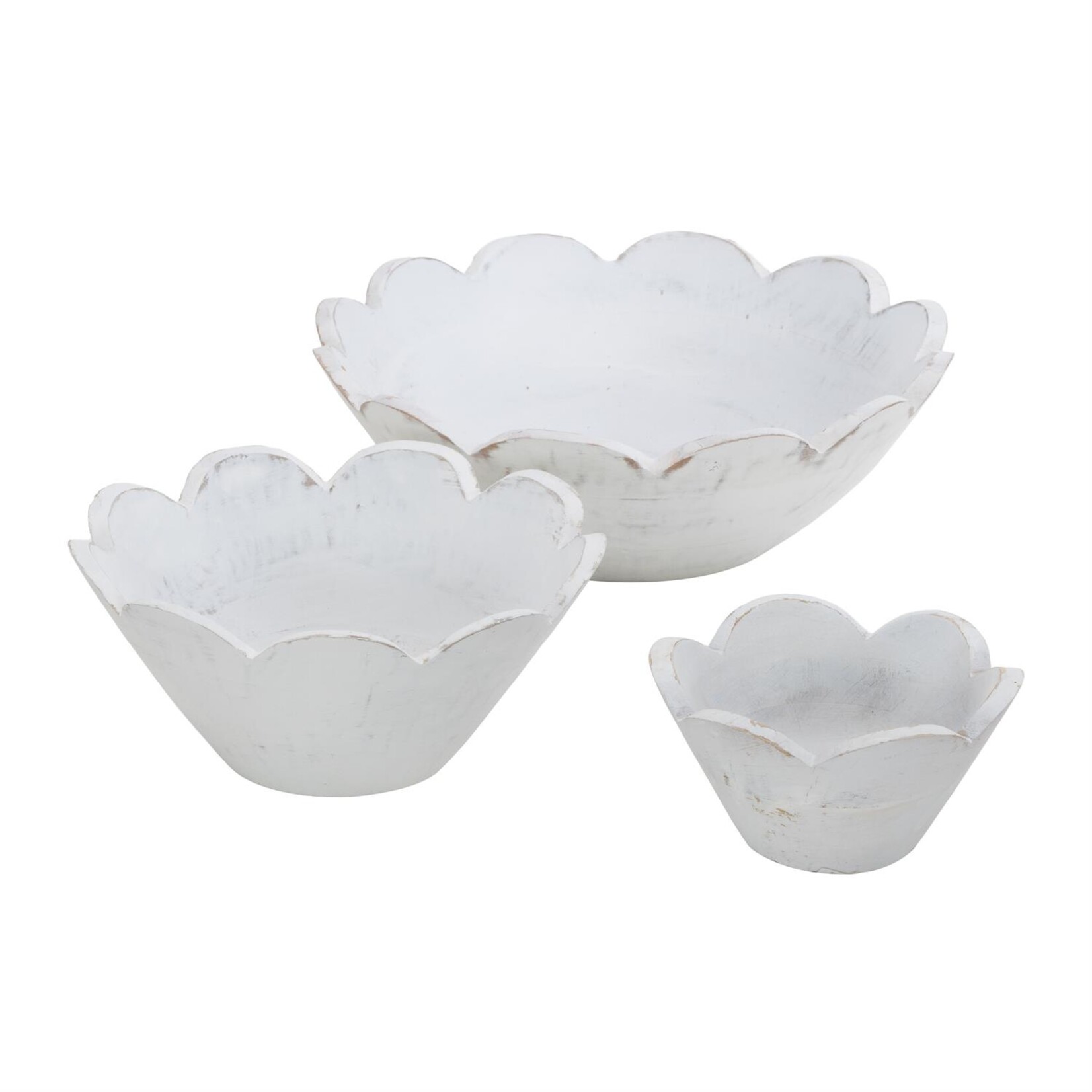 Deco Marche White Mango Wood Floral Decorative Bowl Set of 3