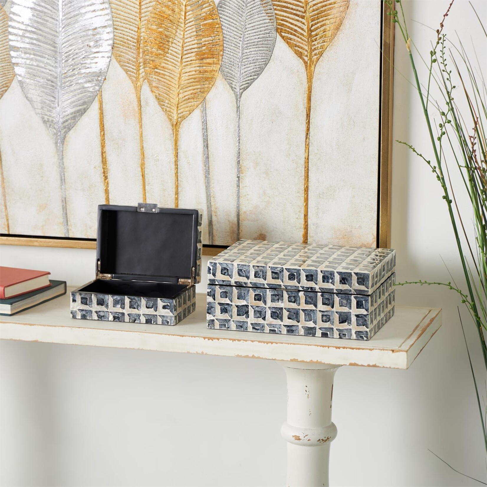 Deco Marche Dark Gray Capiz Shell Handmade Grid Decorative Box