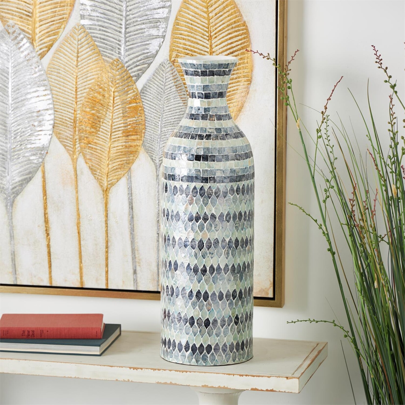 Deco Marche Blue Mother of Pearl Shell Mosaic Decorative Vase
