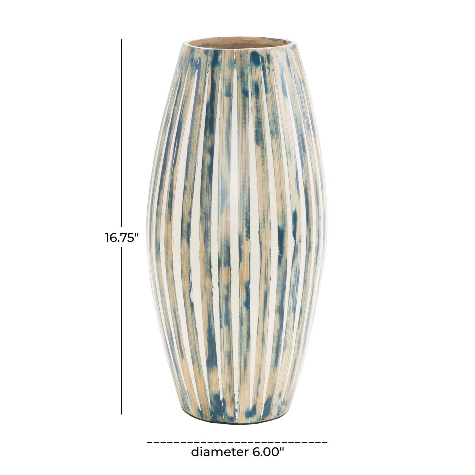 Deco Marche Blue Bamboo Wood Brushed Decorative Vase with Cream Accents and White Stripes 6"W, 17"H