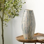 Deco Marche Blue Bamboo Wood Brushed Decorative Vase with Cream Accents and White Stripes 6"W, 17"H