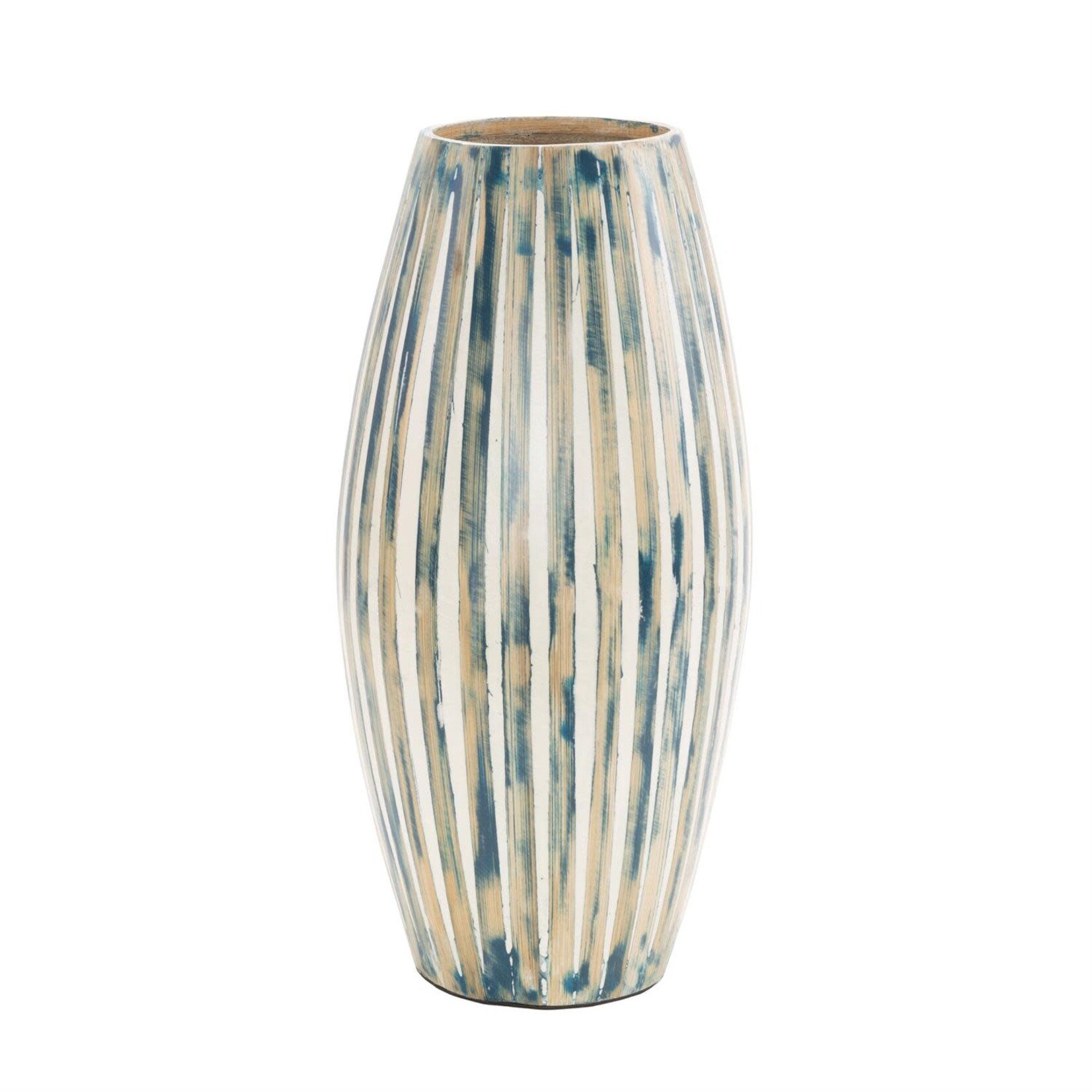 Deco Marche Blue Bamboo Wood Brushed Decorative Vase with Cream Accents and White Stripes 6"W, 17"H