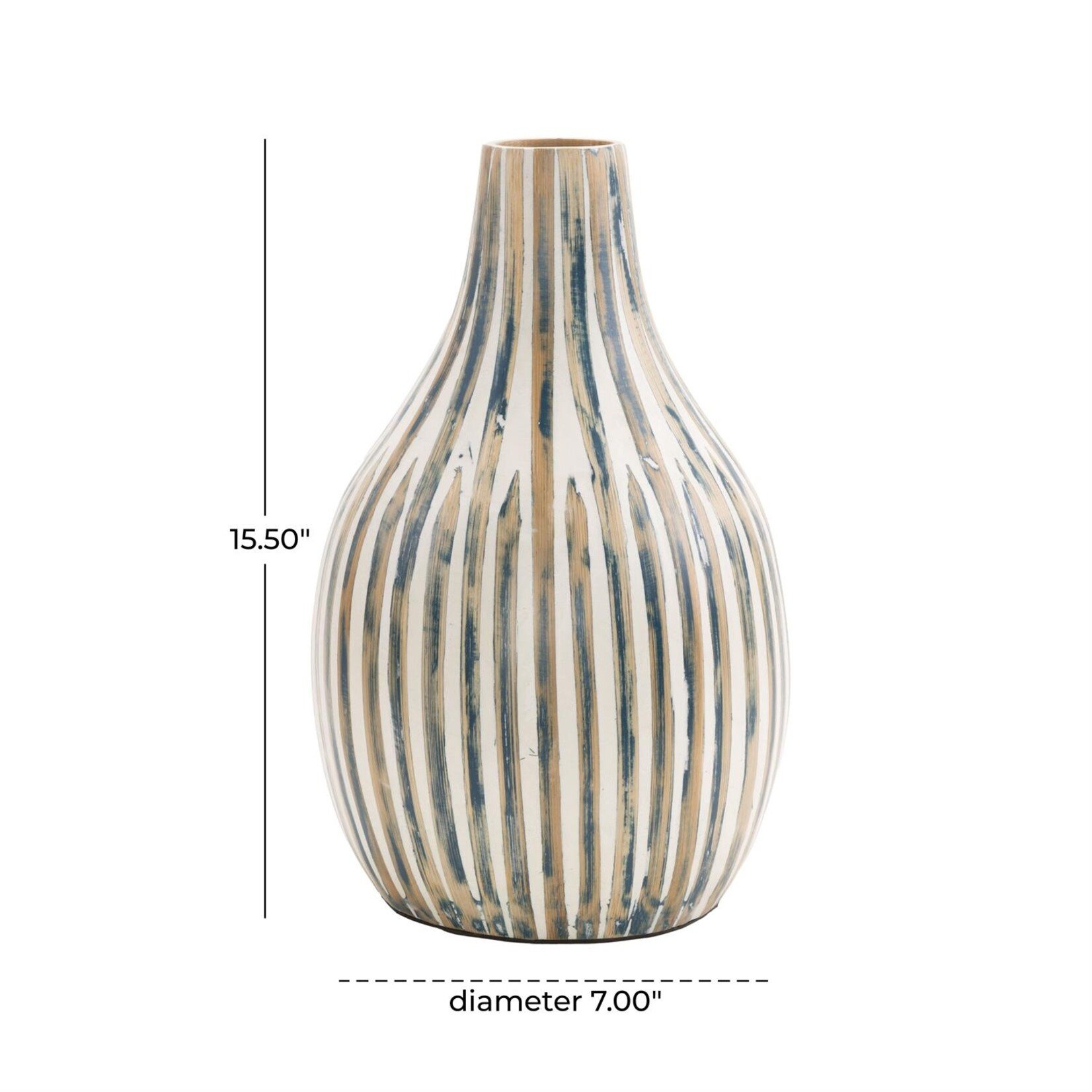 Deco Marche Blue Bamboo Wood Brushed Decorative Vase with Cream Accents and White Stripes, 7"x 16"