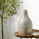 Deco Marche Blue Bamboo Wood Brushed Decorative Vase with Cream Accents and White Stripes, 7"x 16"