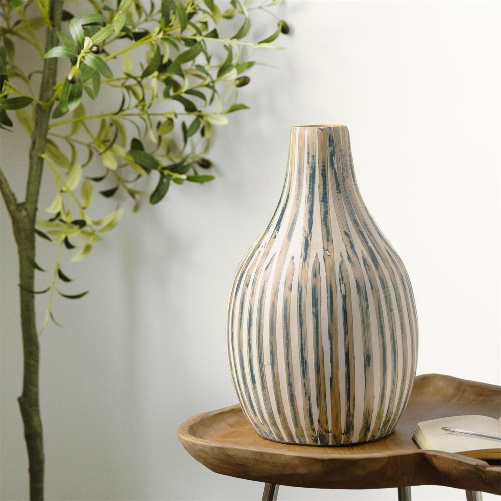 Deco Marche Blue Bamboo Wood Brushed Decorative Vase with Cream Accents and White Stripes, 7"x 16"
