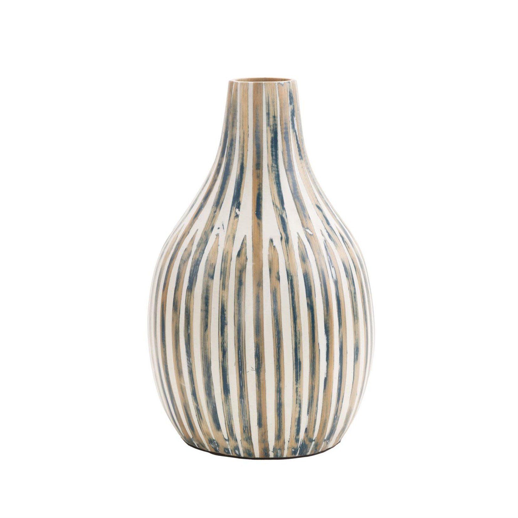 Deco Marche Blue Bamboo Wood Brushed Decorative Vase with Cream Accents and White Stripes, 7"x 16"