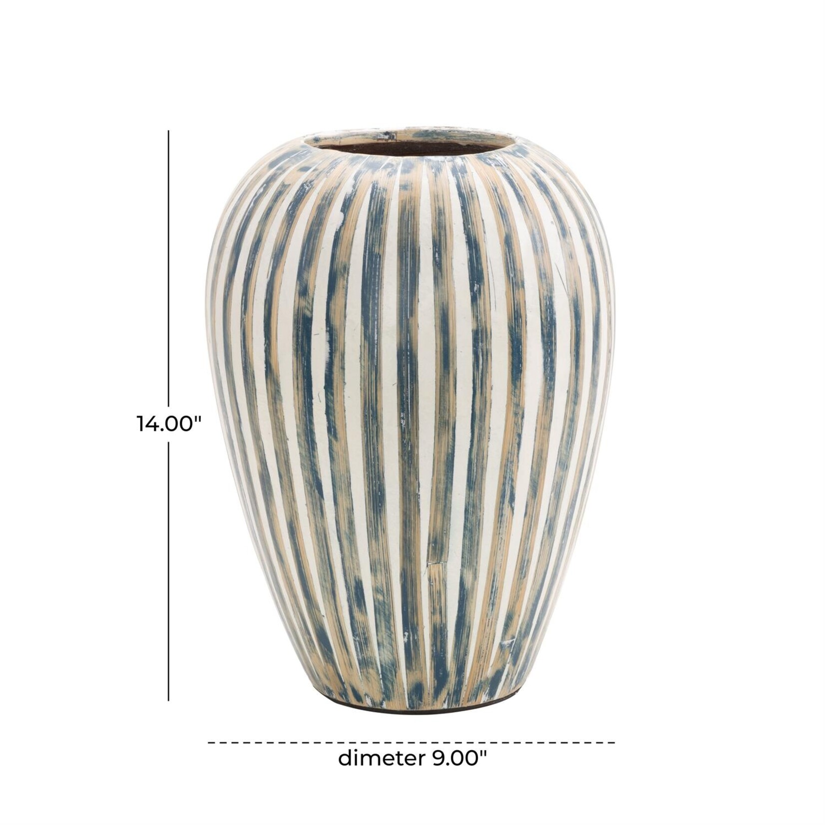 Deco Marche Blue Bamboo Wood Brushed Decorative Vase with Cream Accents and White Stripes, 9"x 14"