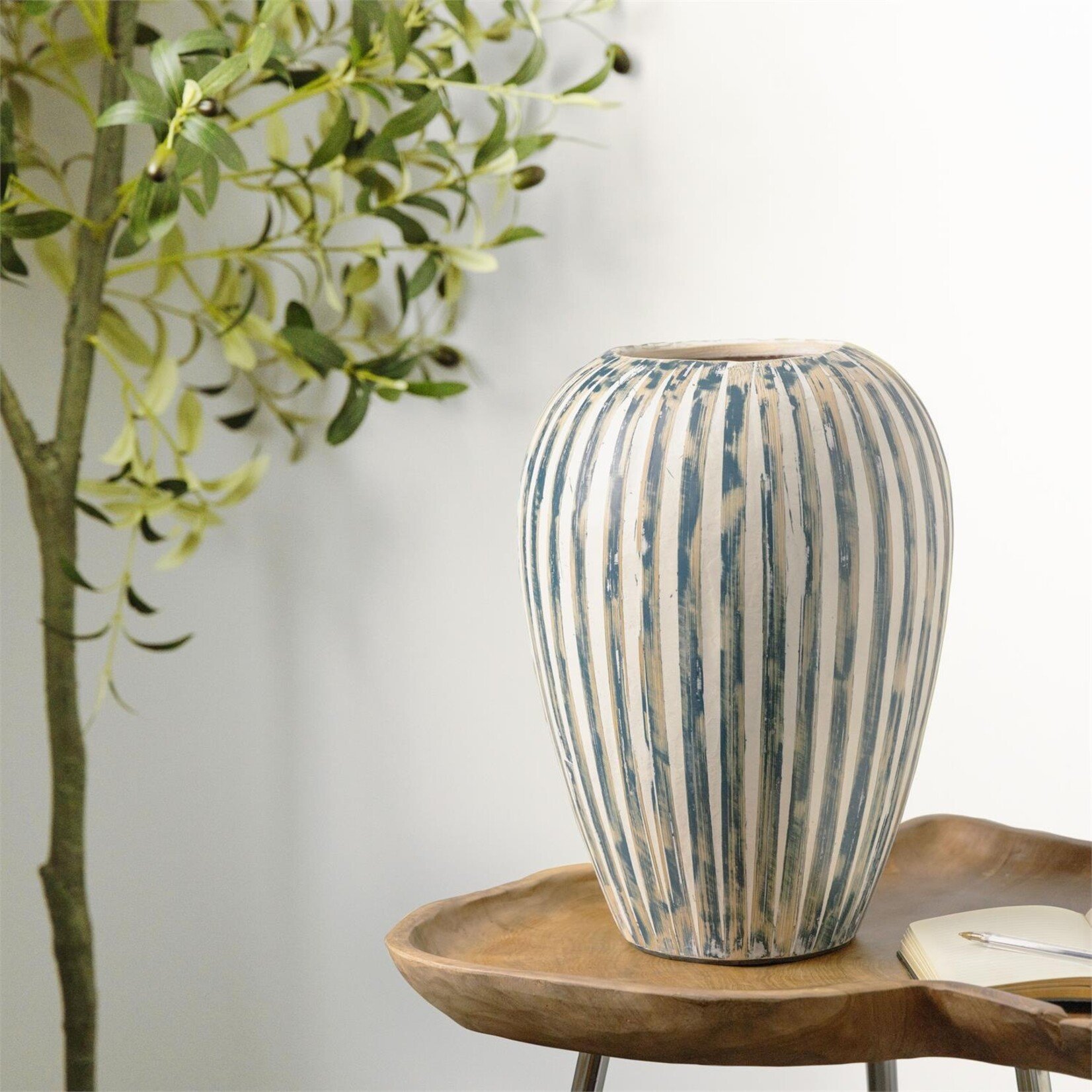Deco Marche Blue Bamboo Wood Brushed Decorative Vase with Cream Accents and White Stripes, 9"x 14"