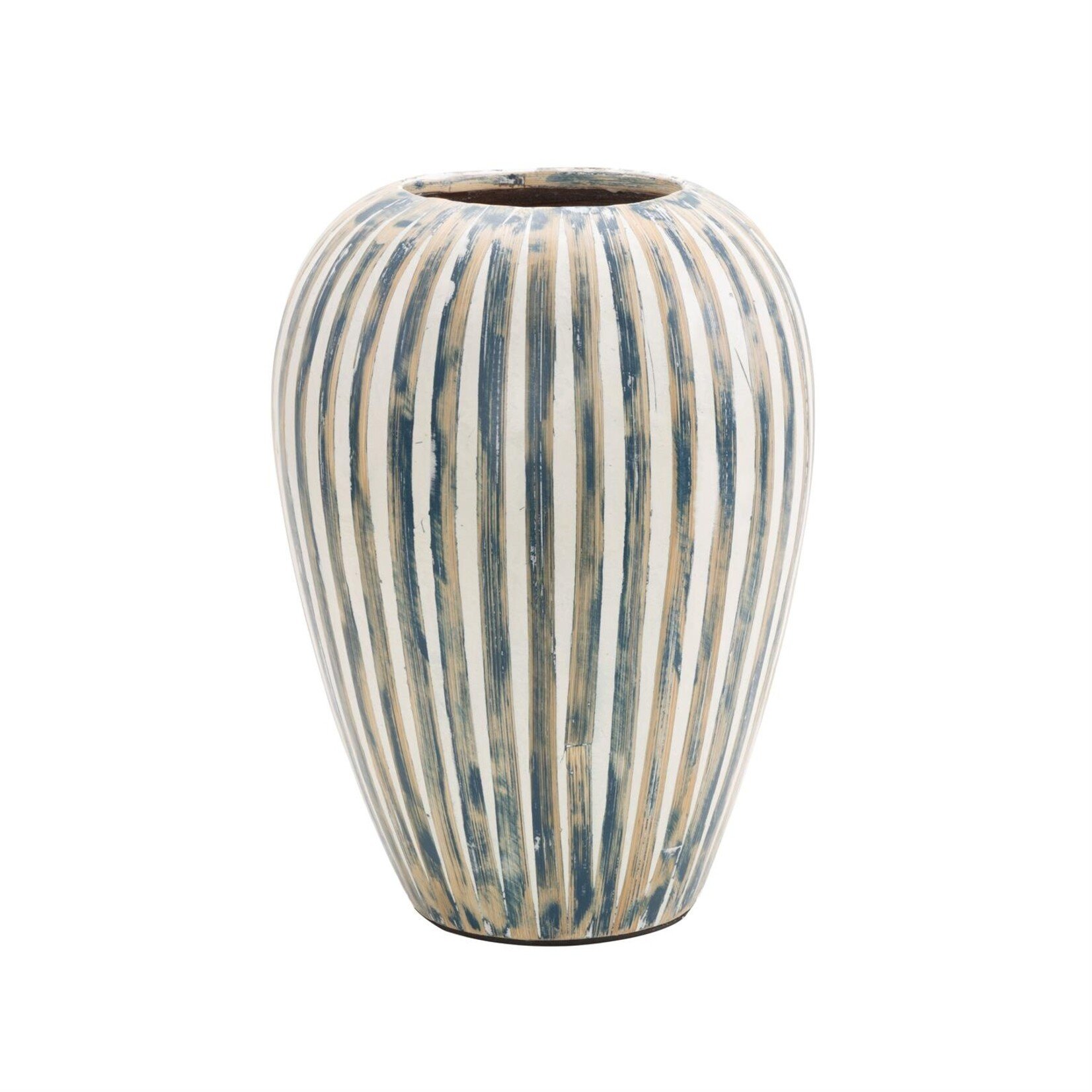 Deco Marche Blue Bamboo Wood Brushed Decorative Vase with Cream Accents and White Stripes, 9"x 14"