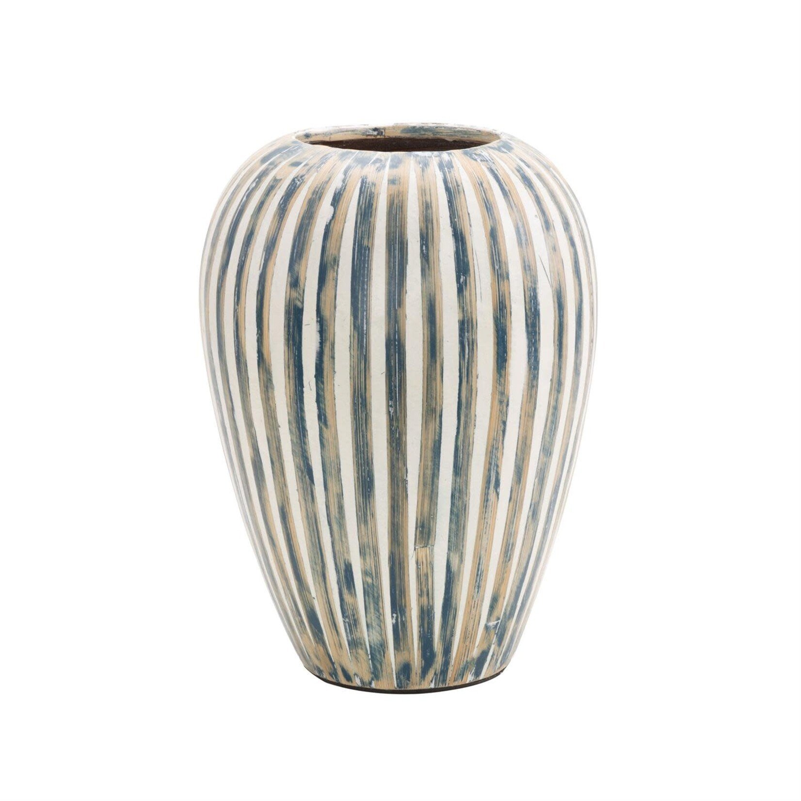 Deco Marche Blue Bamboo Wood Brushed Decorative Vase with Cream Accents and White Stripes, 9"x 14"