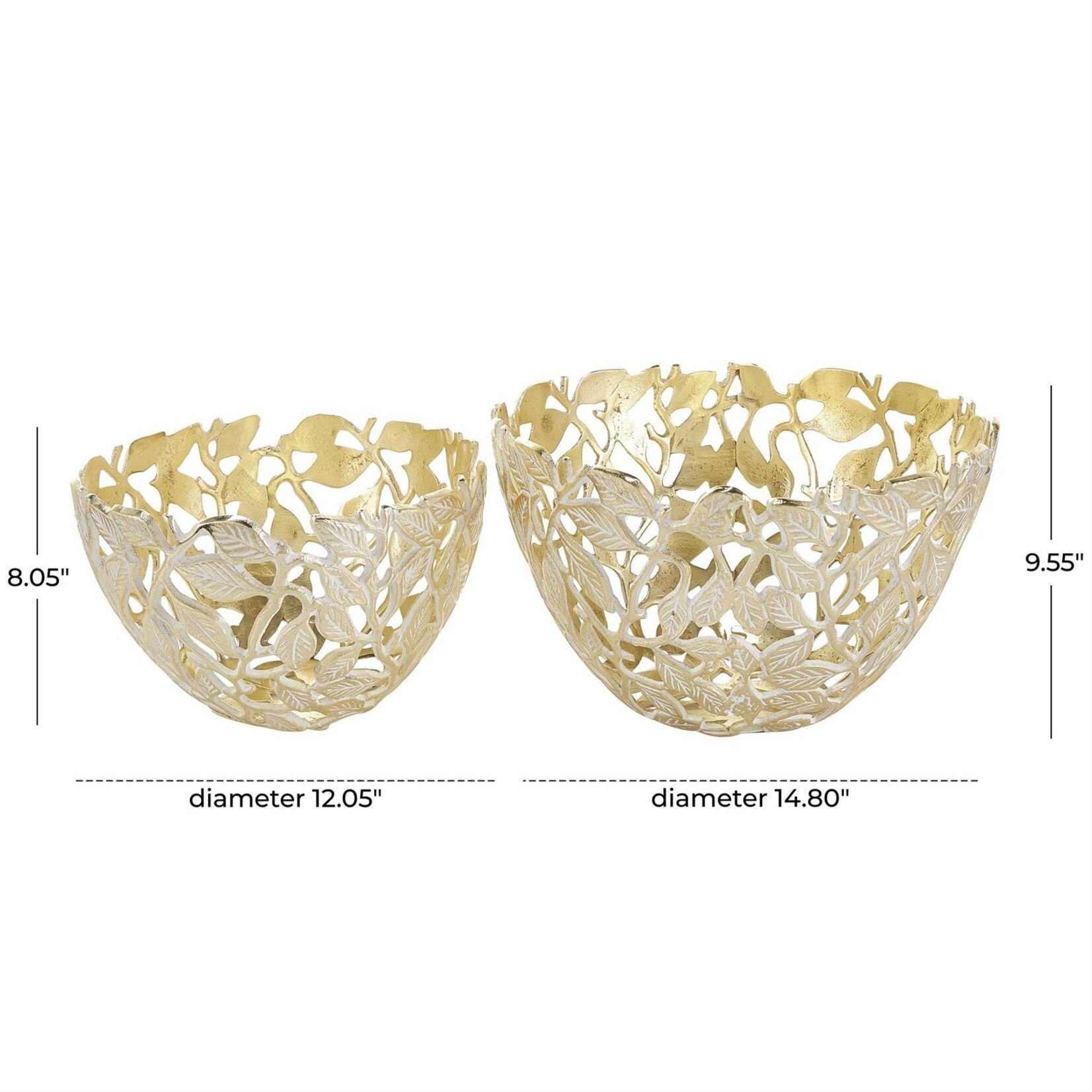 Deco Marche Gold Aluminum Metal Leaf Decorative Bowl Set of 2 15",12"W