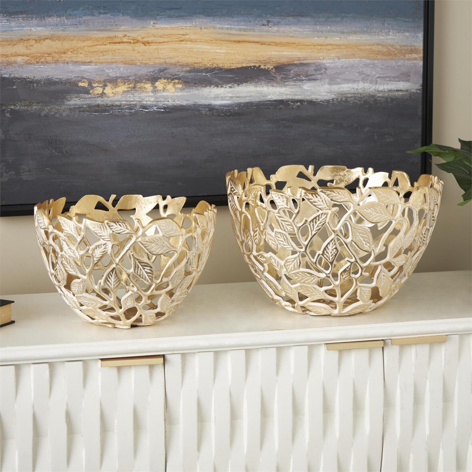 Deco Marche Gold Aluminum Metal Leaf Decorative Bowl Set of 2 15",12"W