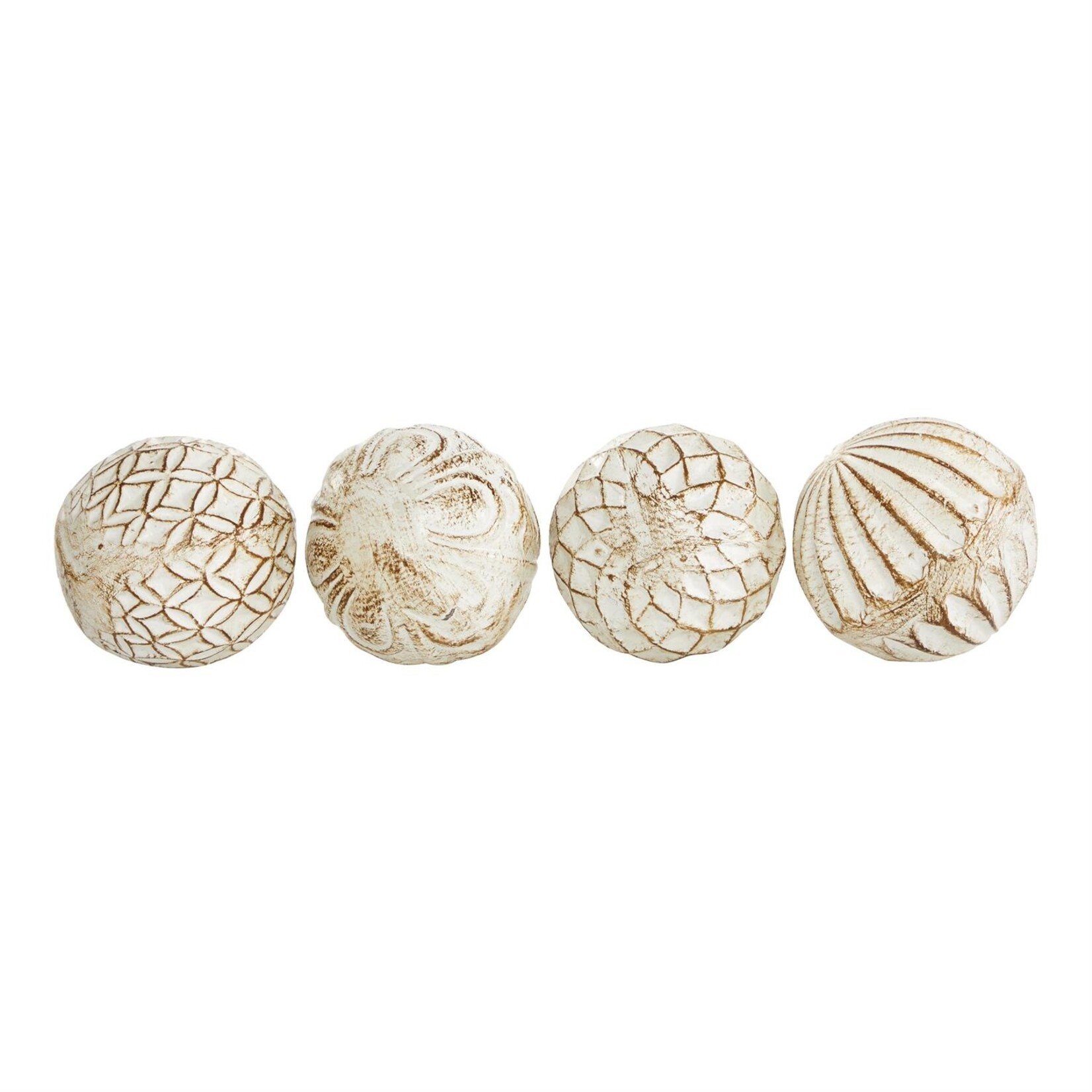 Deco Marche White Ceramic Carved Decorative Orbs & Vase Filler Set of 4 4"W, 4"H