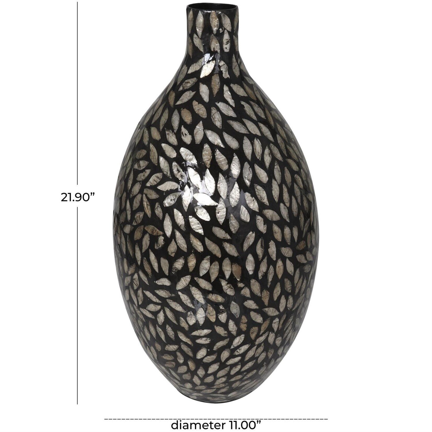 Deco Marche Black Mother of Pearl Shell Mosaic Decorative Vase, 11"x 22"