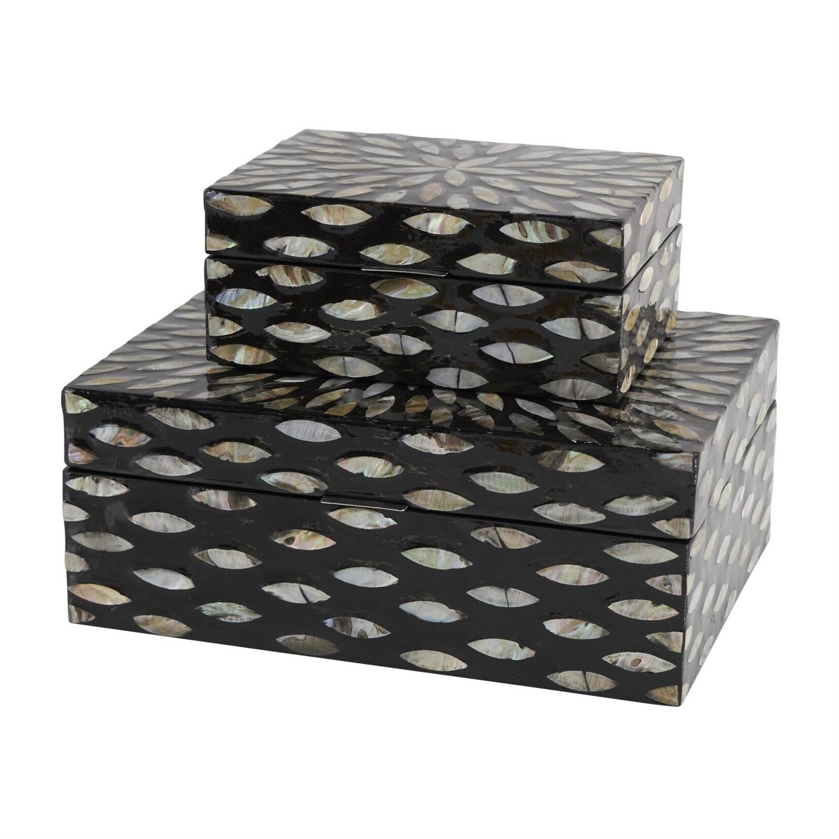 Deco Marche Black Mother of Pearl Shell Floral Decorative Box Set of 2