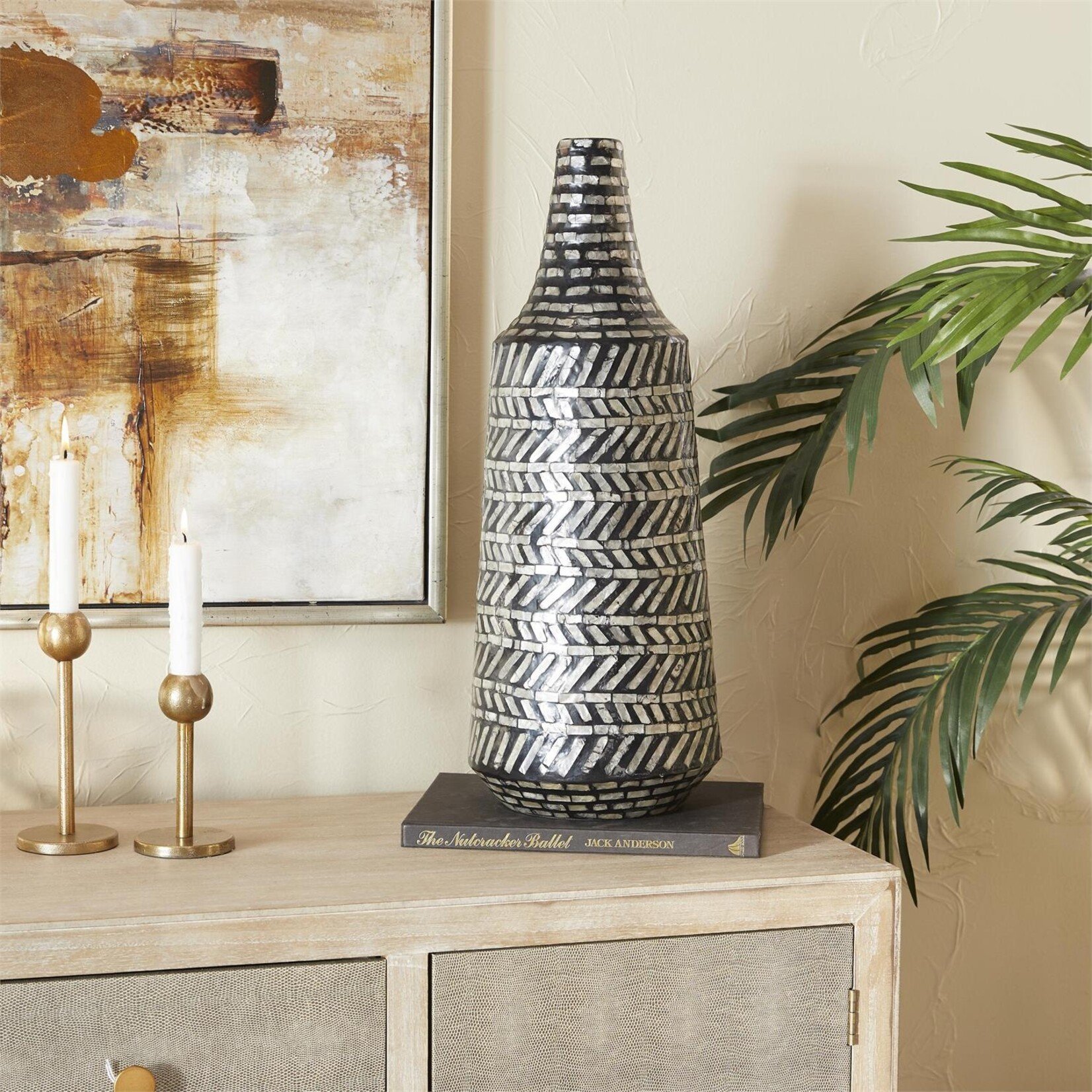 Deco Marche Black Mother of Pearl Shell Tribal Decorative Vase, 8"x 22"