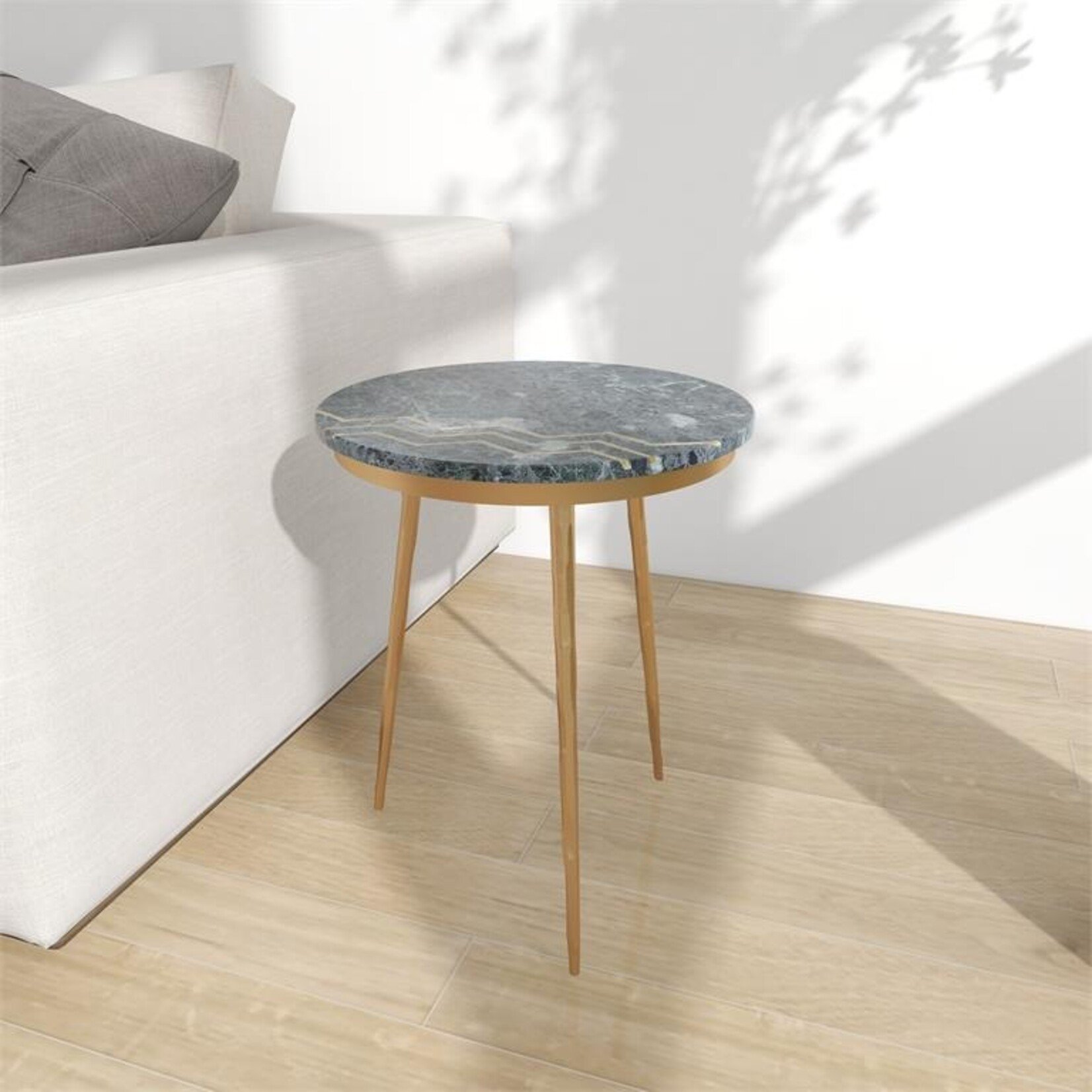 Deco Marche Green Marble Accent Table with Gold Metal Tripod Legs