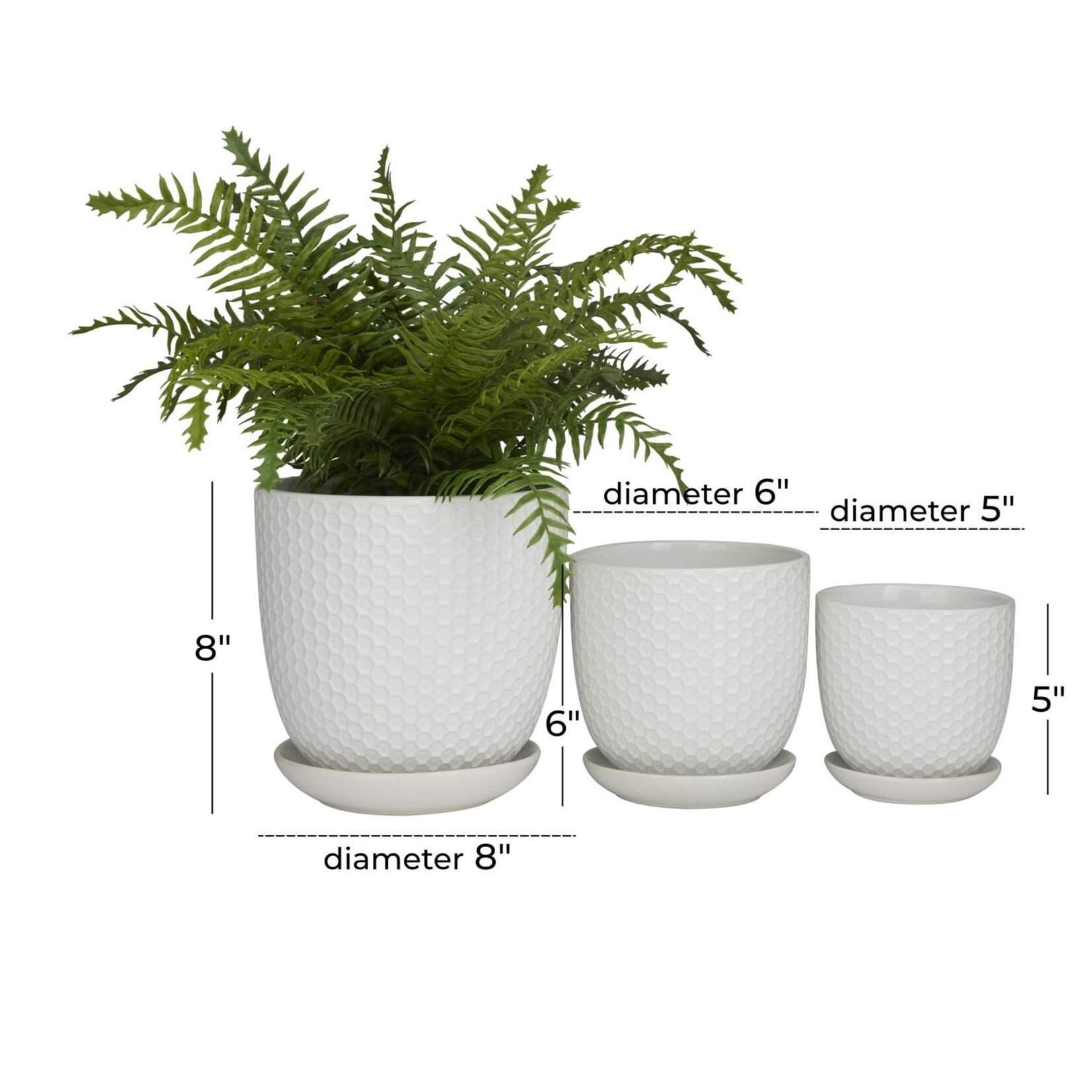 Deco Marche White Porcelain Ceramic Geometric Indoor Outdoor Planter with Attached Saucer, Set of 3 8", 6", 5"H