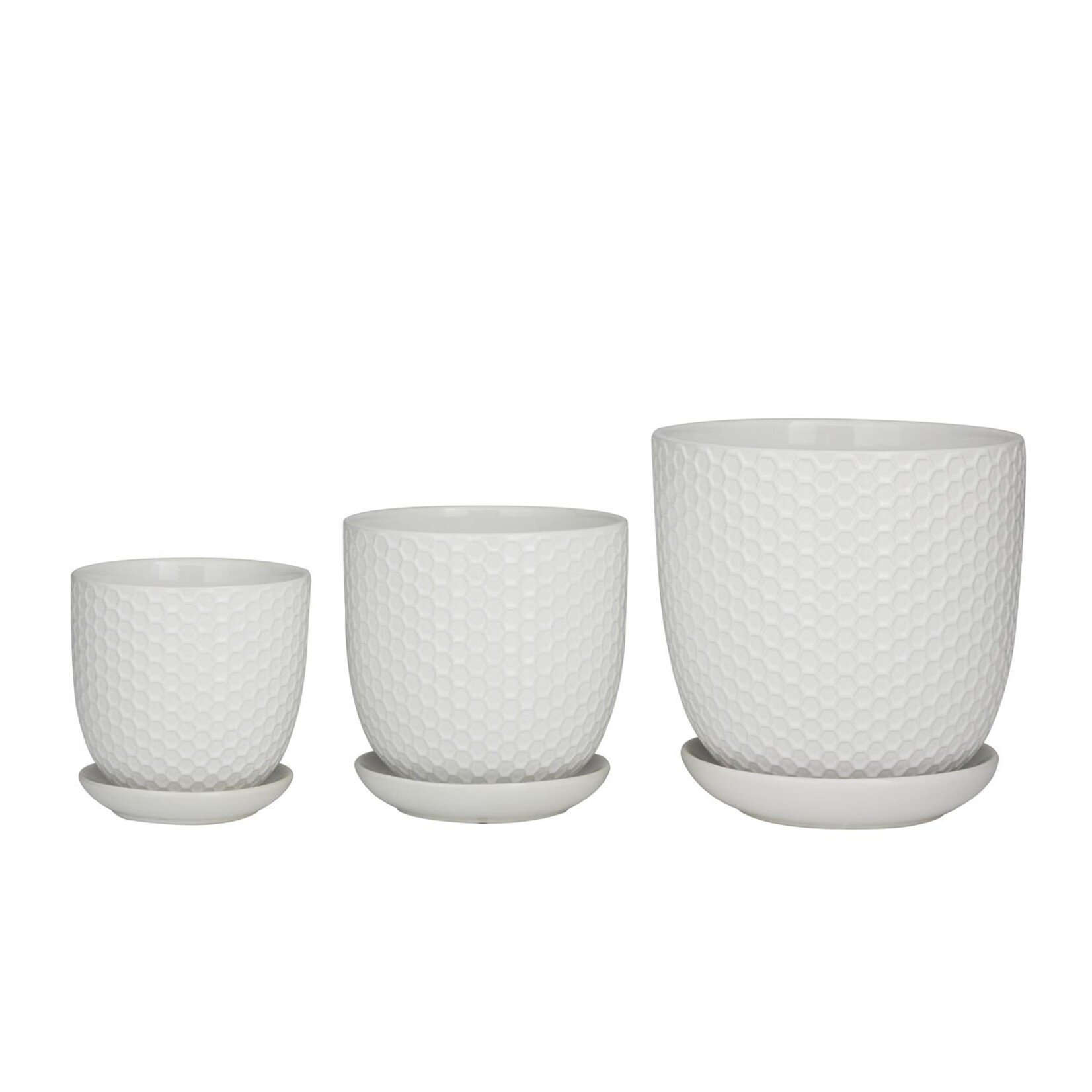 Deco Marche White Porcelain Ceramic Geometric Indoor Outdoor Planter with Attached Saucer, Set of 3 8", 6", 5"H
