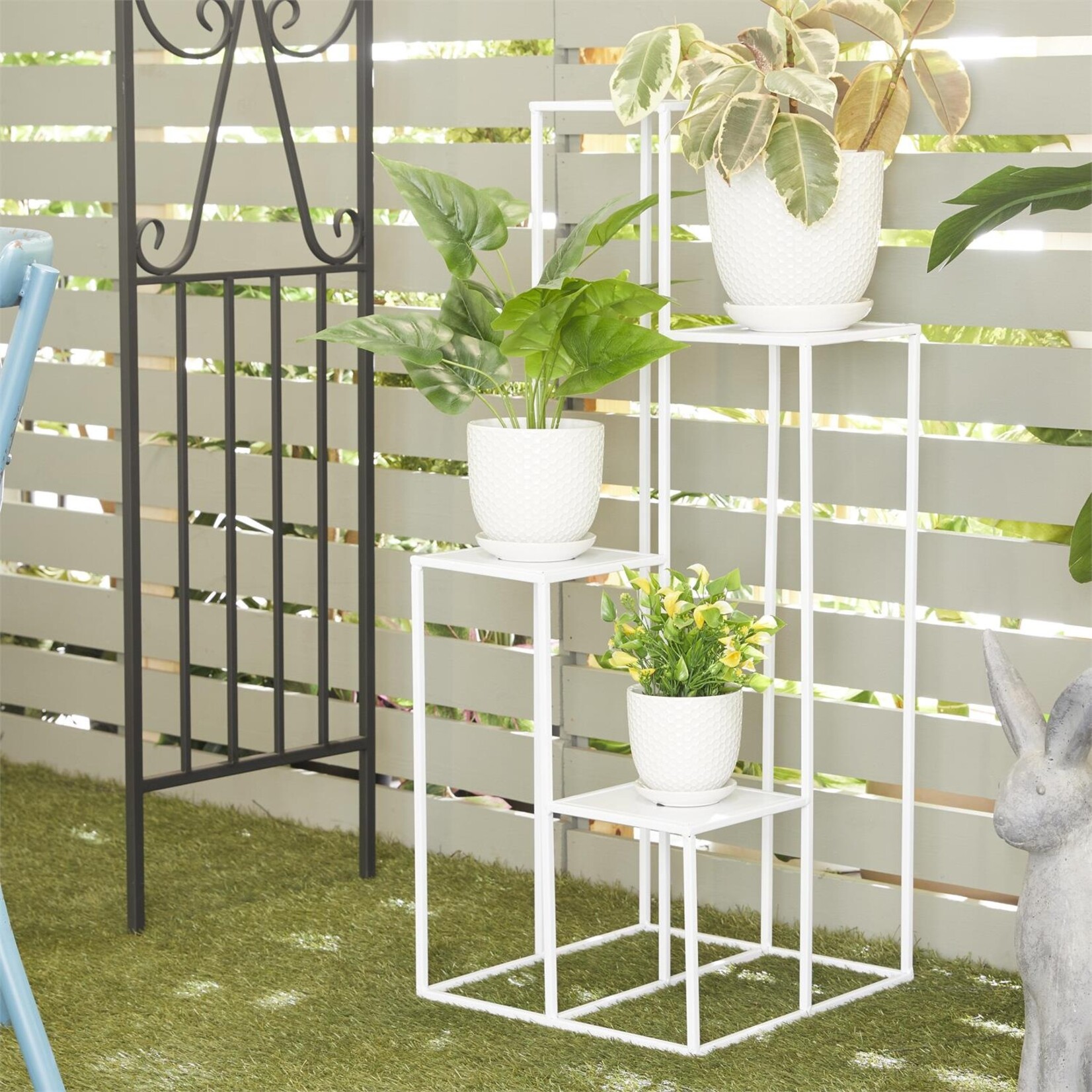 Deco Marche White Porcelain Ceramic Geometric Indoor Outdoor Planter with Attached Saucer, Set of 3 8", 6", 5"H