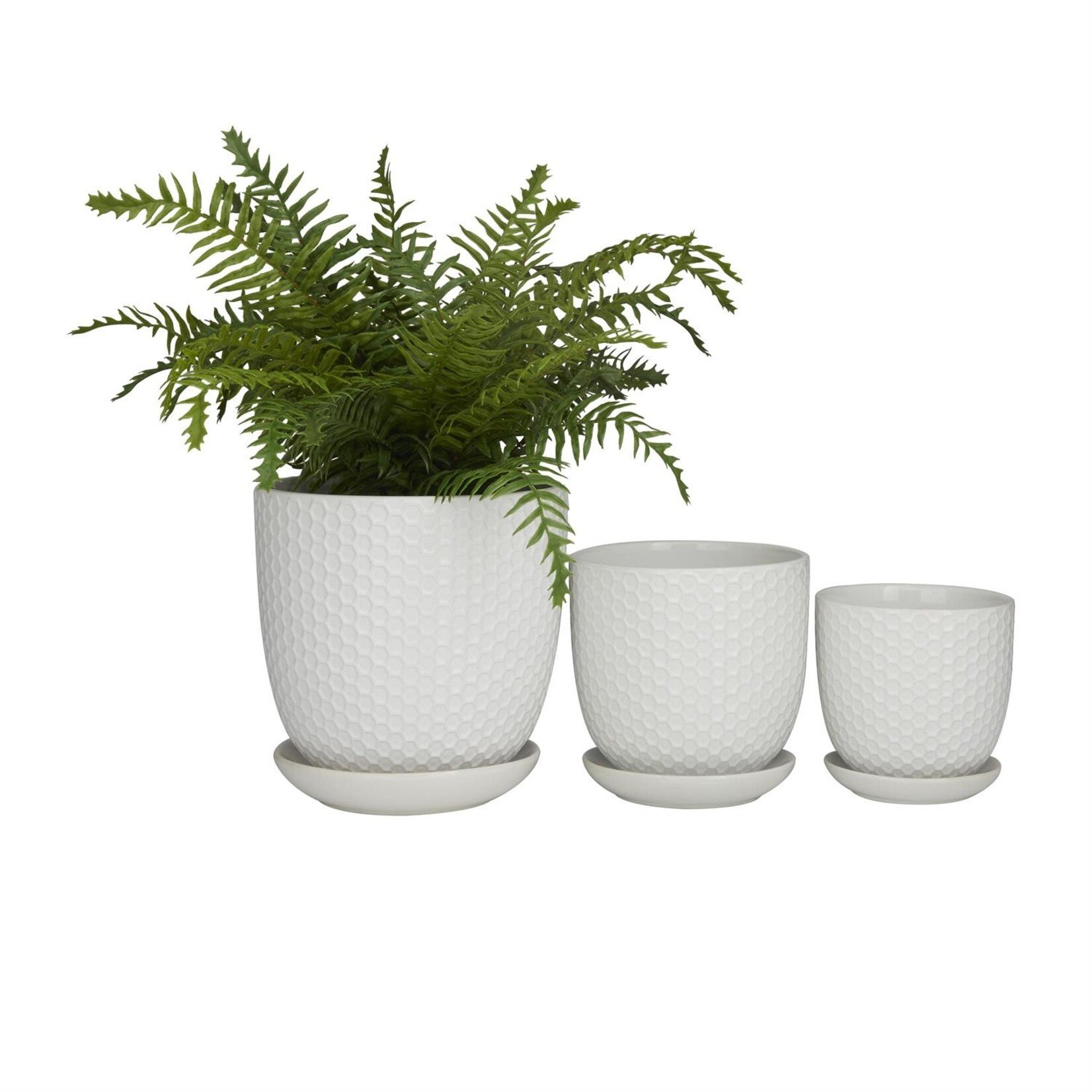 Deco Marche White Porcelain Ceramic Geometric Indoor Outdoor Planter with Attached Saucer, Set of 3 8", 6", 5"H