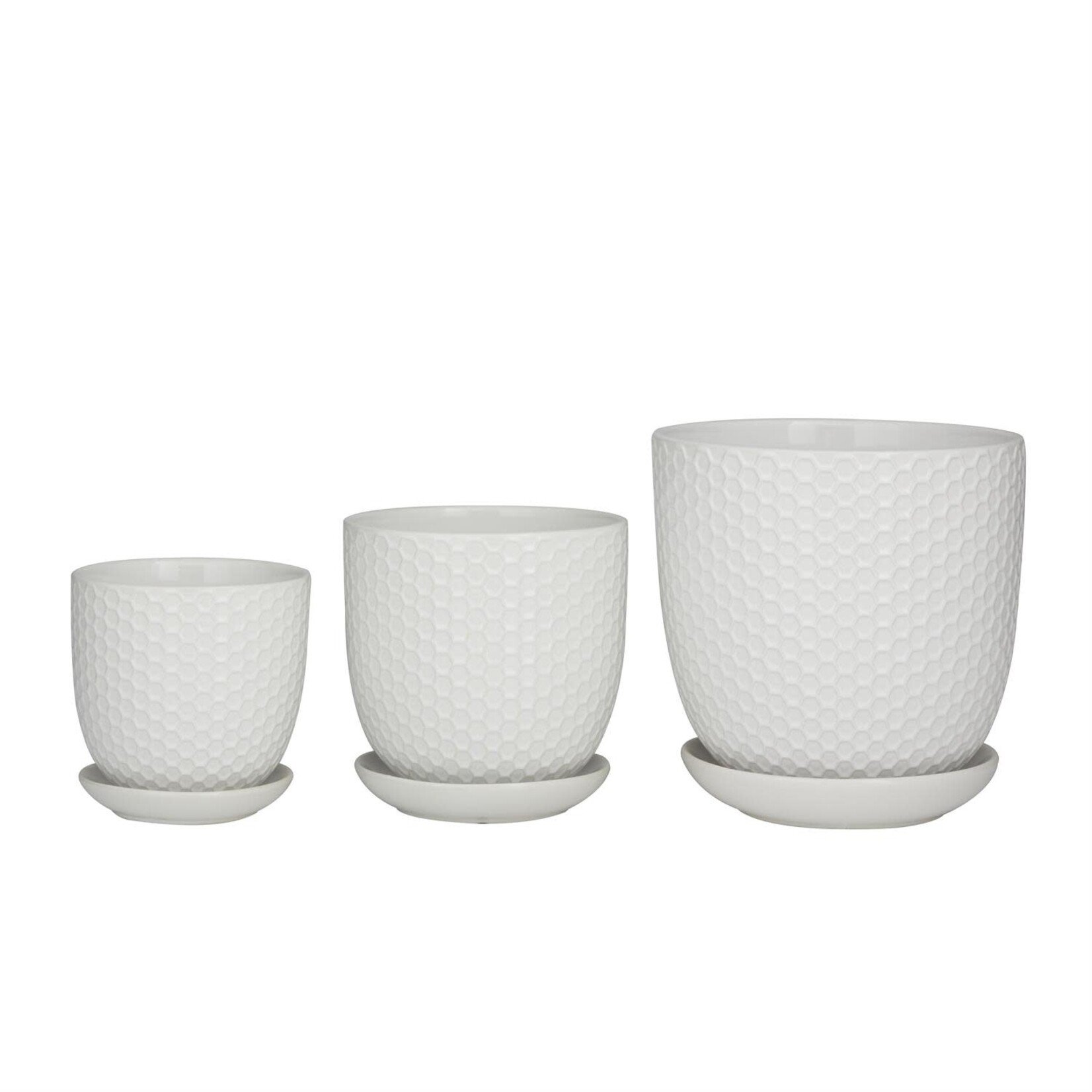 Deco Marche White Porcelain Ceramic Geometric Indoor Outdoor Planter with Attached Saucer, Set of 3 8", 6", 5"H