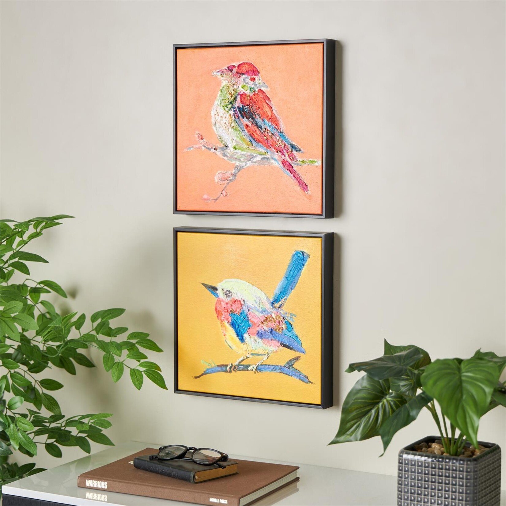 Deco Marche Colored Canvas Bird Colorful Framed Wall Art Set of 2