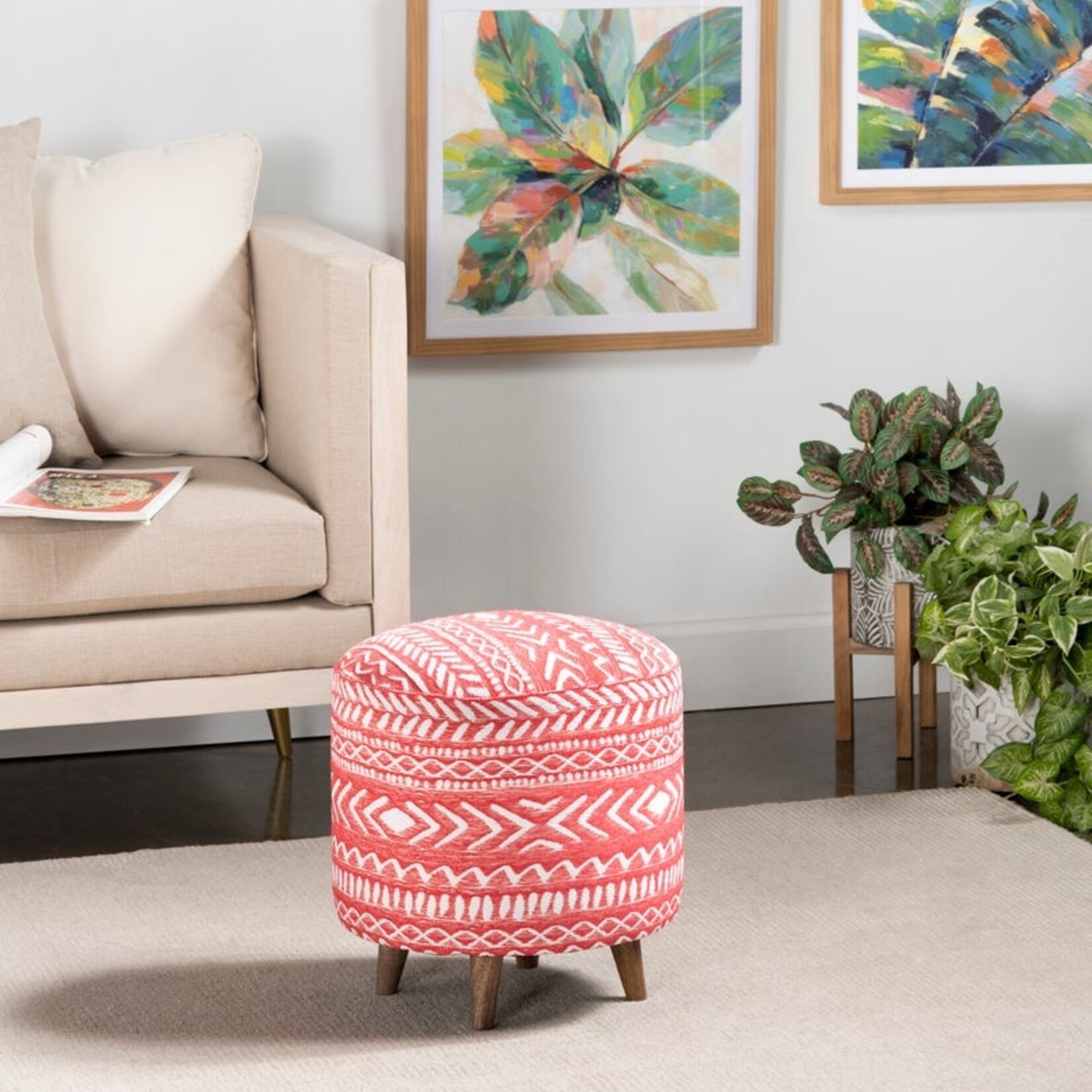 Crestview Halvorson round red upholstered and mango foot stool ottoman
