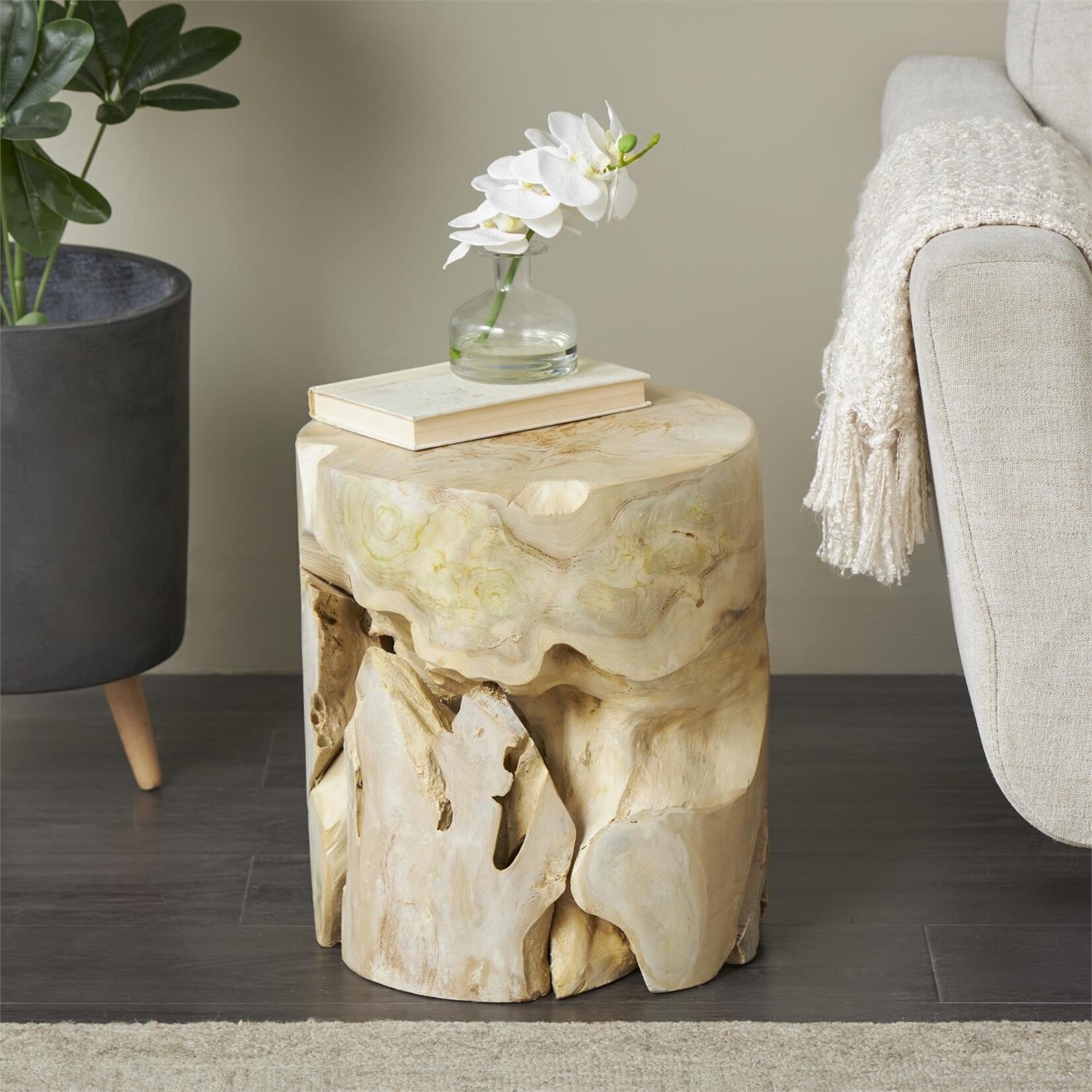 Deco Marche Teak Wood Tree Stump Accent Table with Natural Cutouts