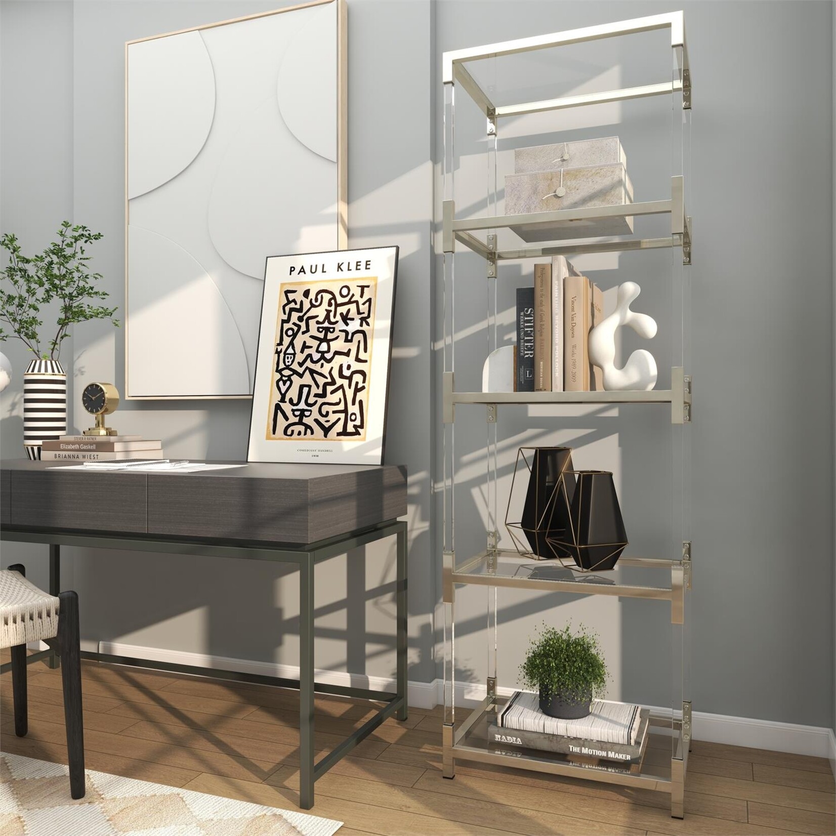 Deco Marche Silver Metal 4 Tier Storage Shelving Unit with Clear Glass Top