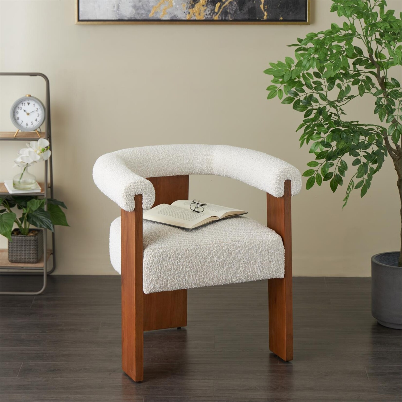 Deco Marche Cream Polyester Curved Boucle Accent Chair with Brown Wood Frame