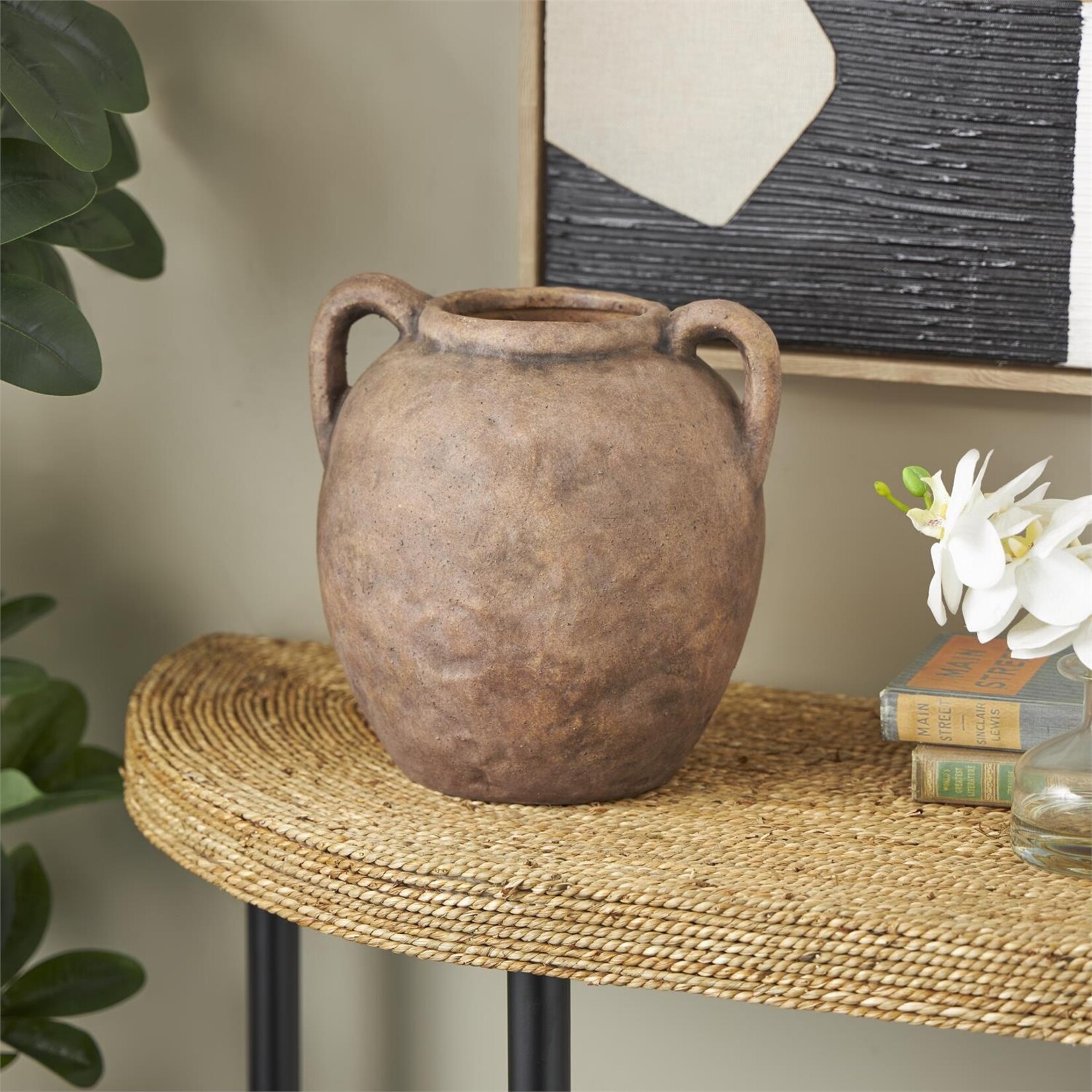 Deco Marche Brown Ceramic Antique Style Textured Vase with Handles