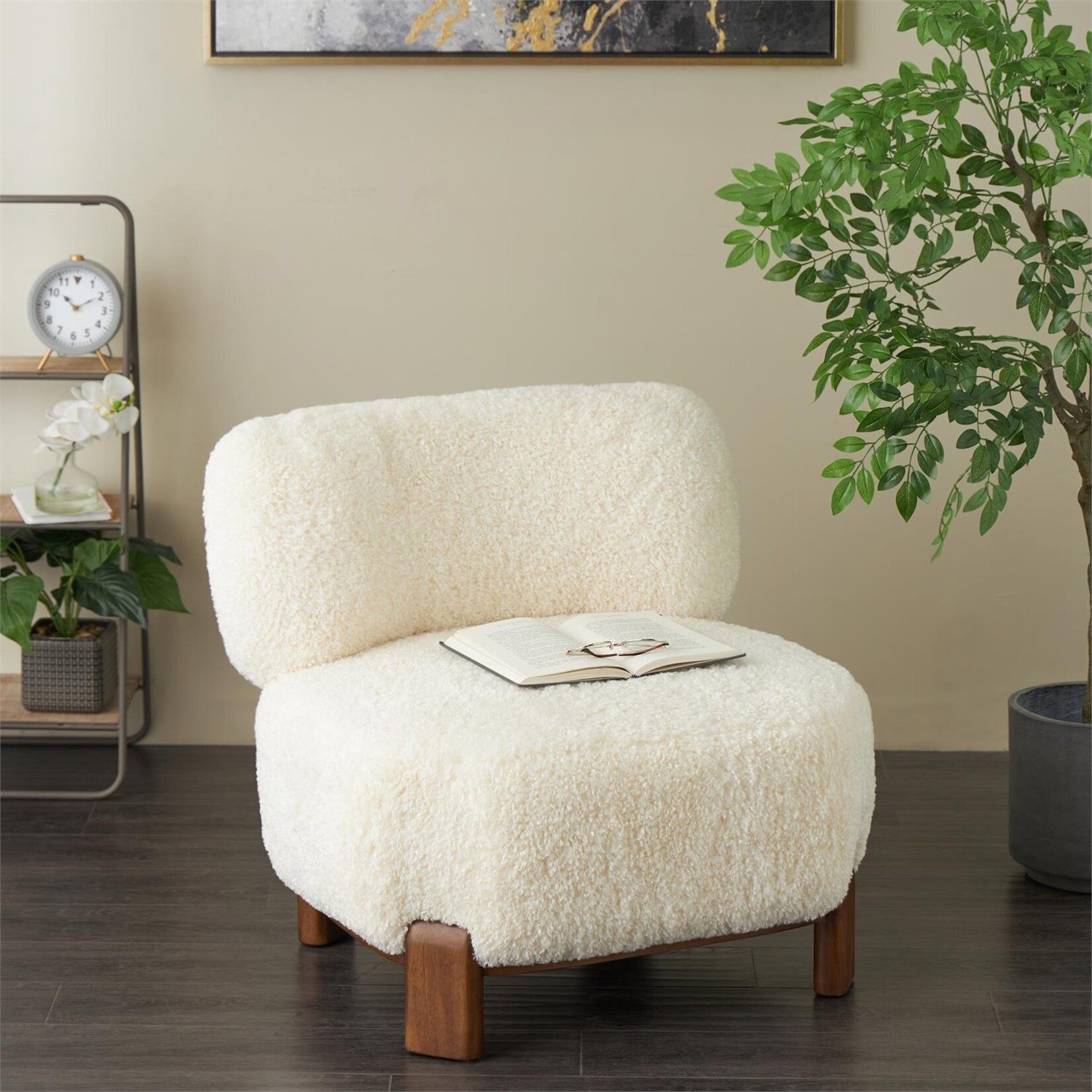 Deco Marche White Polyester Accent Chair with Brown Wooden Legs