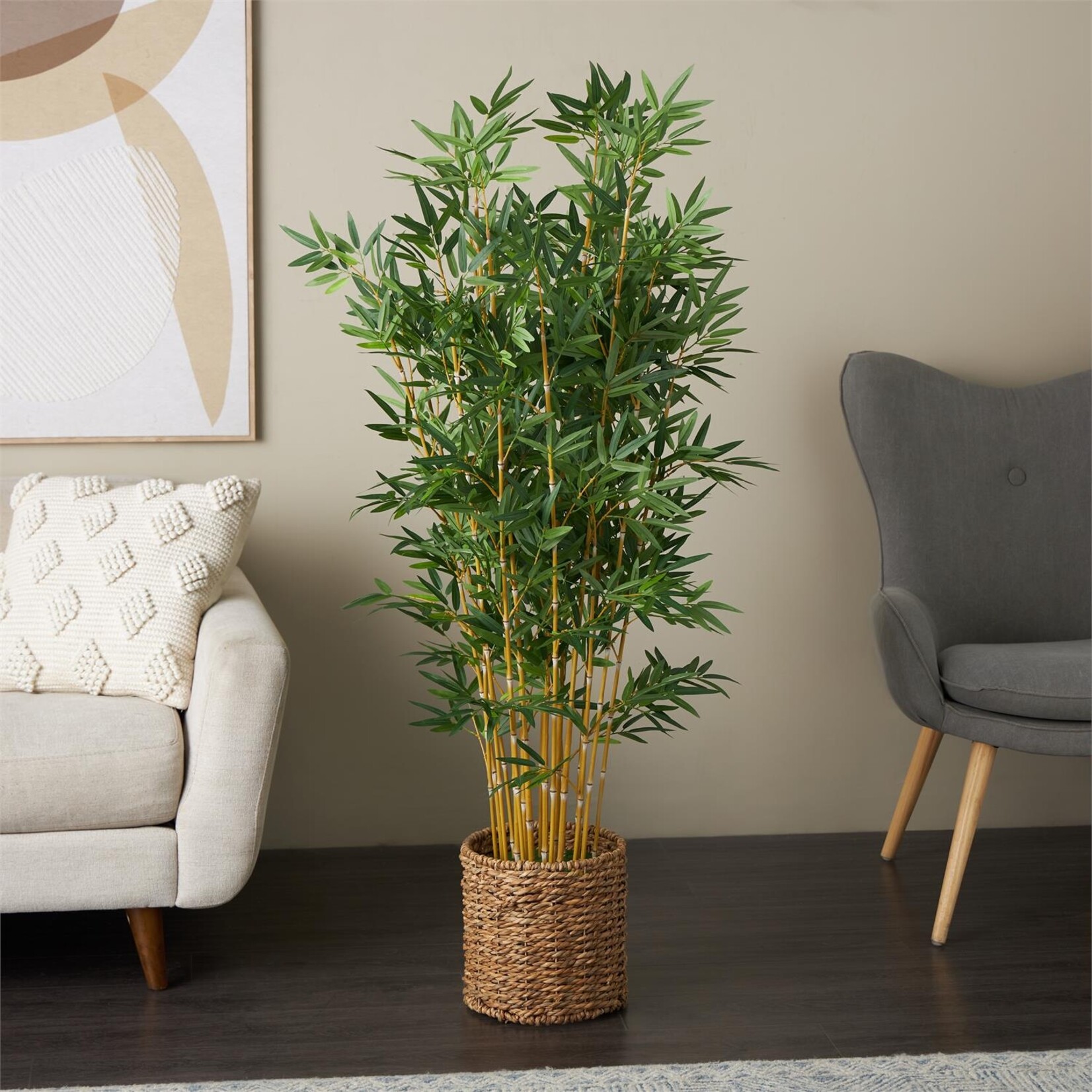 Deco Marche Faux Foliage Bamboo Indoor Outdoor Artificial Tree with Brown Seagrass Pot, 27" x 27" x 59"