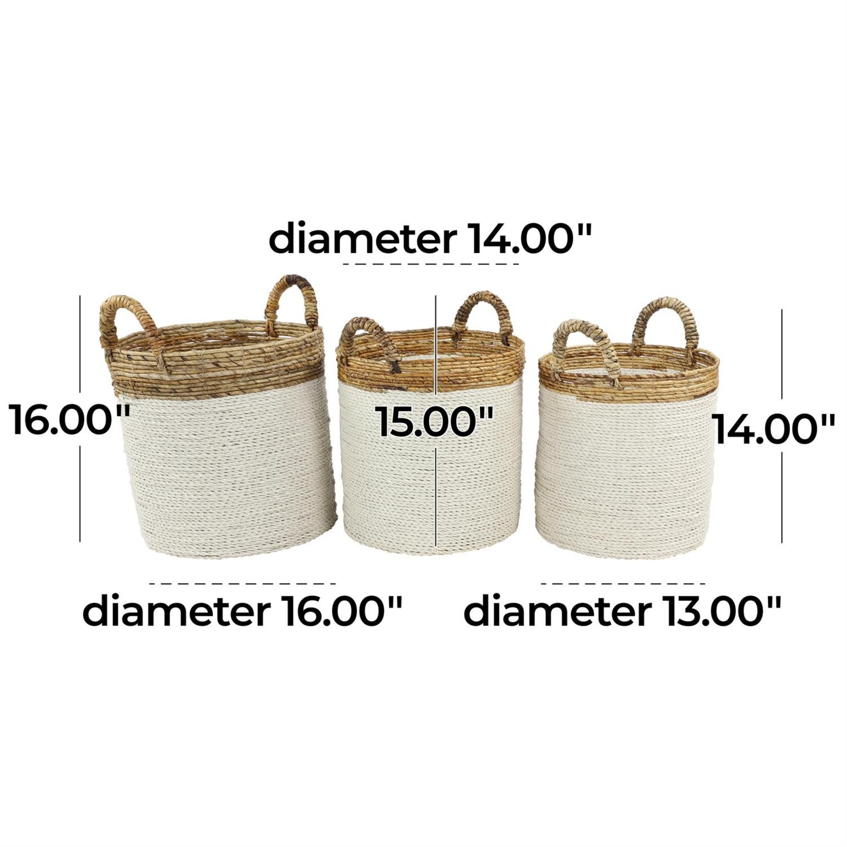 Deco Marche White Seagrass Two Toned Storage Basket with Handles, S/3 16", 14", 13"W