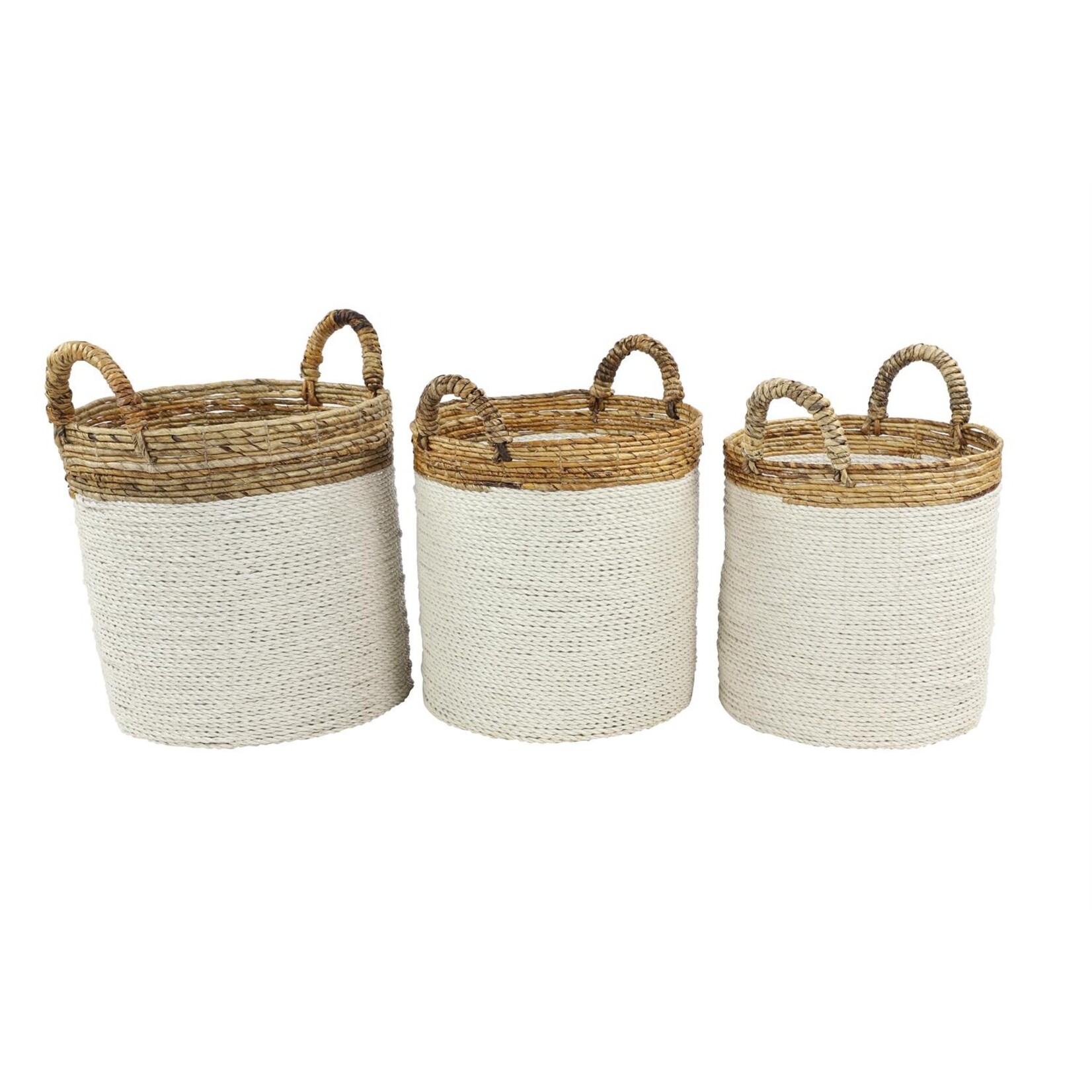 Deco Marche White Seagrass Two Toned Storage Basket with Handles, S/3 16", 14", 13"W