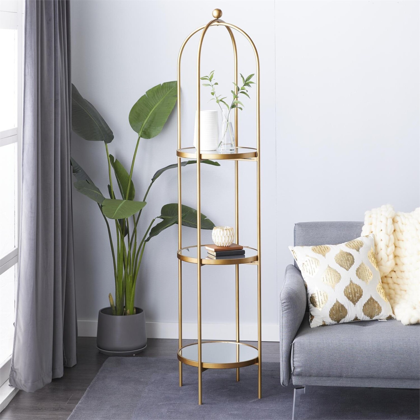 Deco Marche 43307 Gold Metal 3 Shelf Storage Unit with Mirror Shelves
