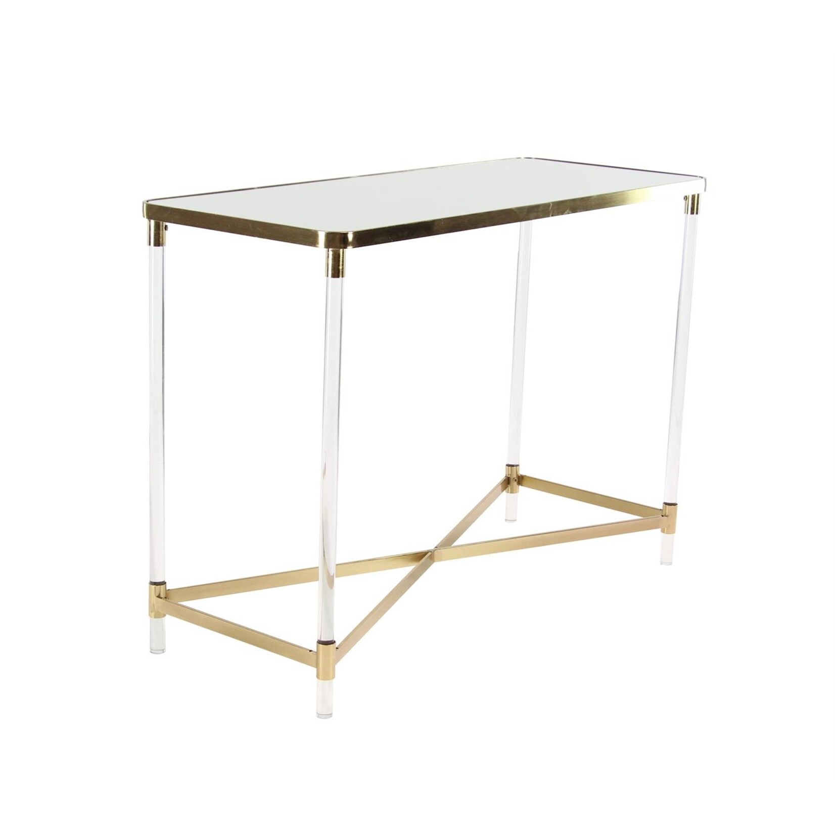 Deco Marche Gold Metal Rectangular Console Table with Mirrored Top and Acrylic Legs