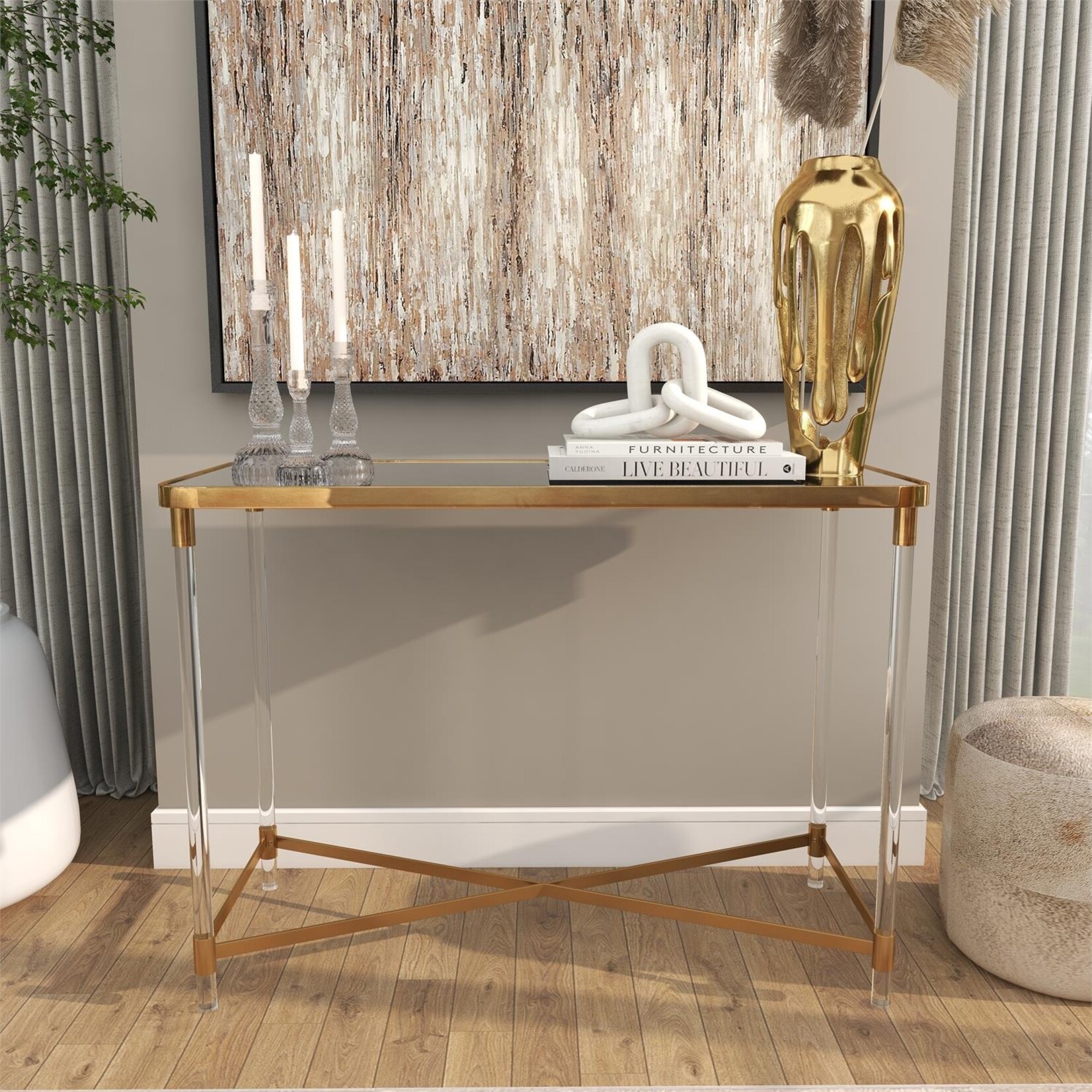 Deco Marche Gold Metal Rectangular Console Table with Mirrored Top and Acrylic Legs