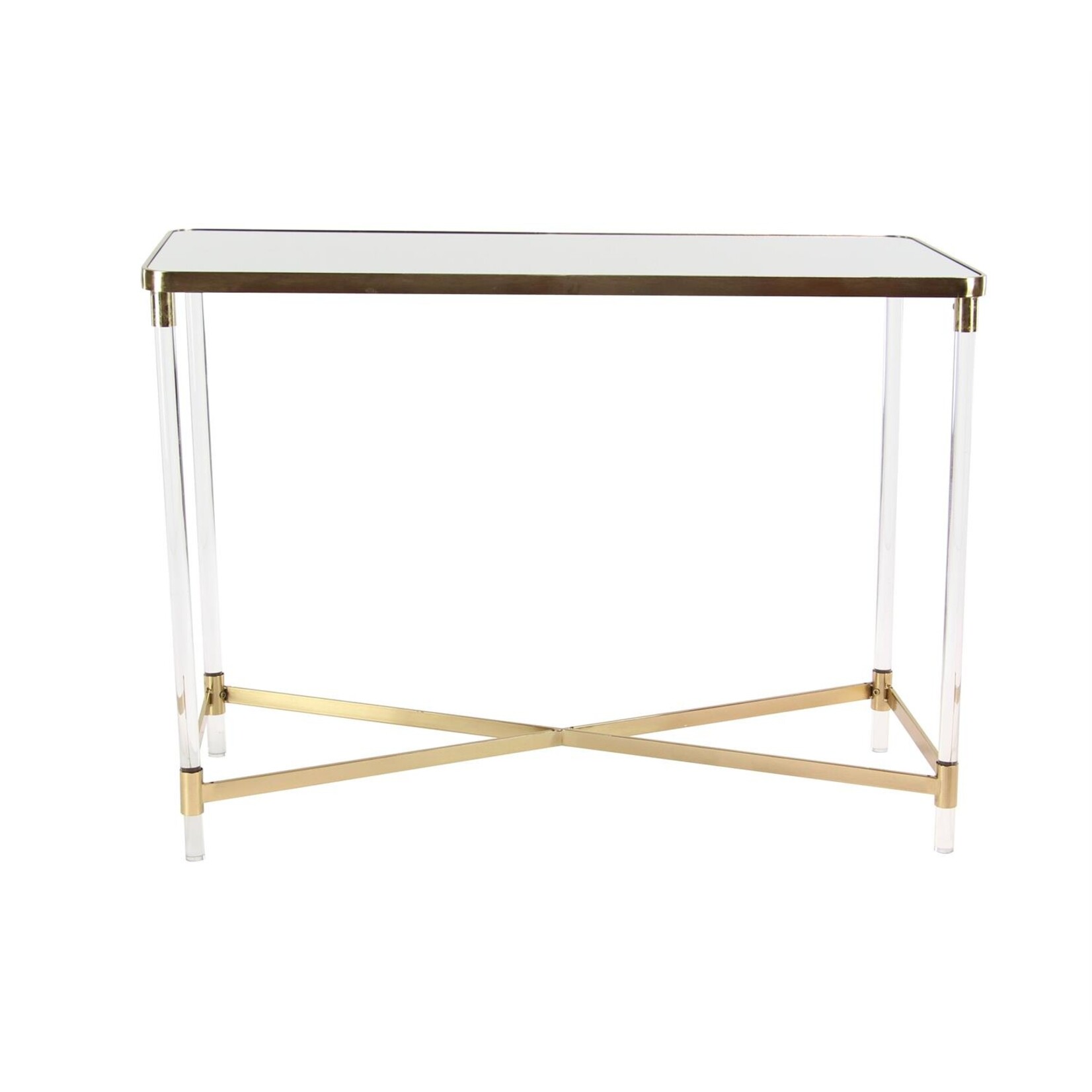 Deco Marche Gold Metal Rectangular Console Table with Mirrored Top and Acrylic Legs