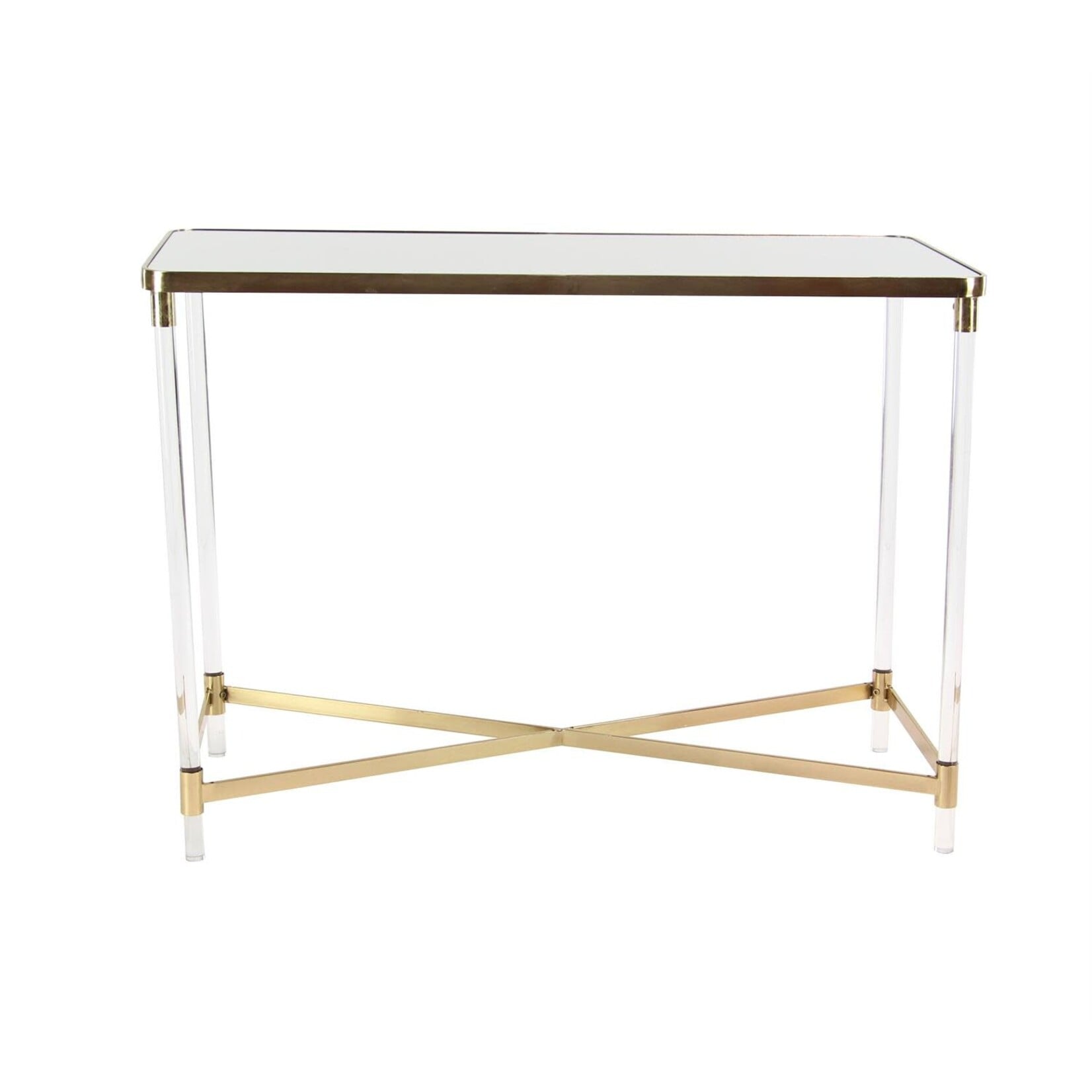 Deco Marche Gold Metal Rectangular Console Table with Mirrored Top and Acrylic Legs