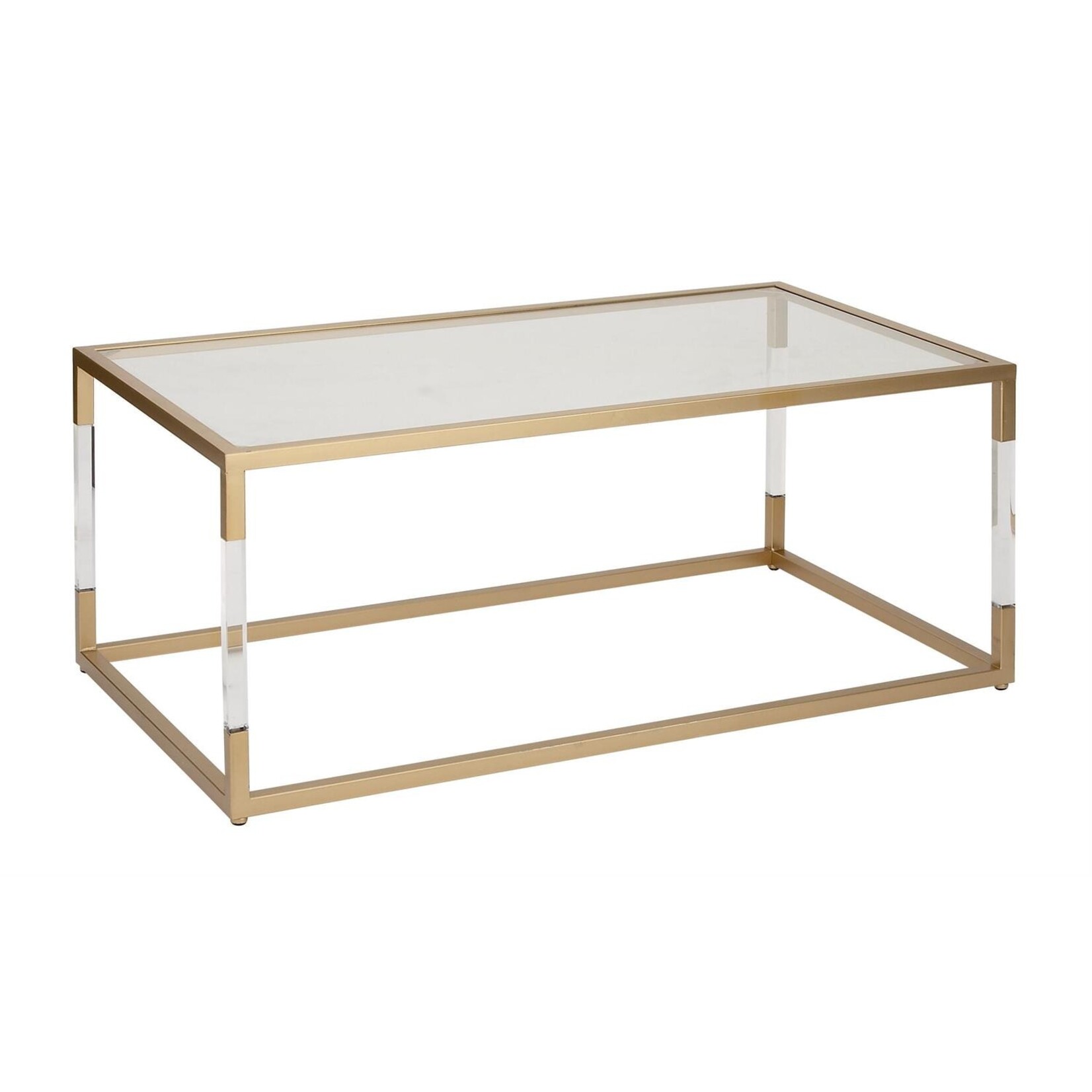 Deco Marche Gold Metal Open Framed Coffee Table with Clear Glass Top and Acrylic Legs